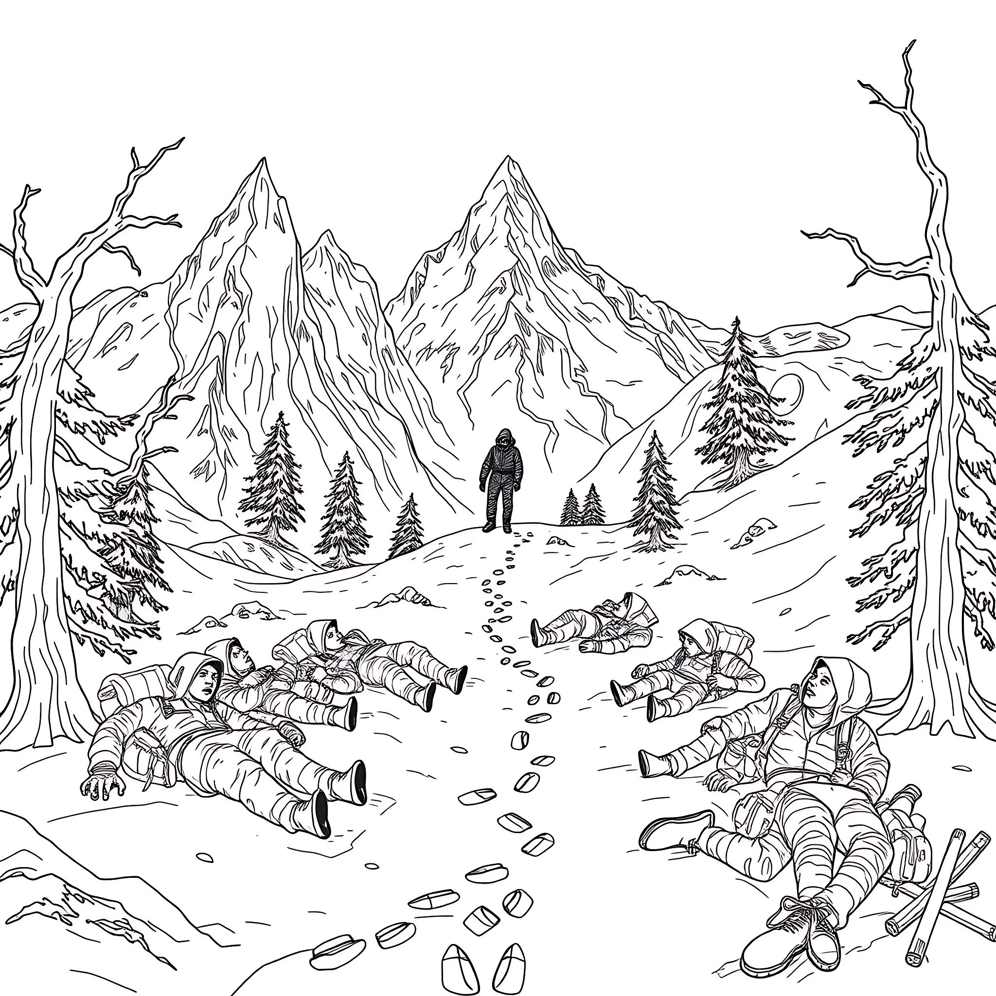 Hiker exploring the rugged mountainous landscape Coloring Page (free black-and-white line drawing printable PDF for all, from beginners to advanced learners, including children, teens, adults, and seniors)