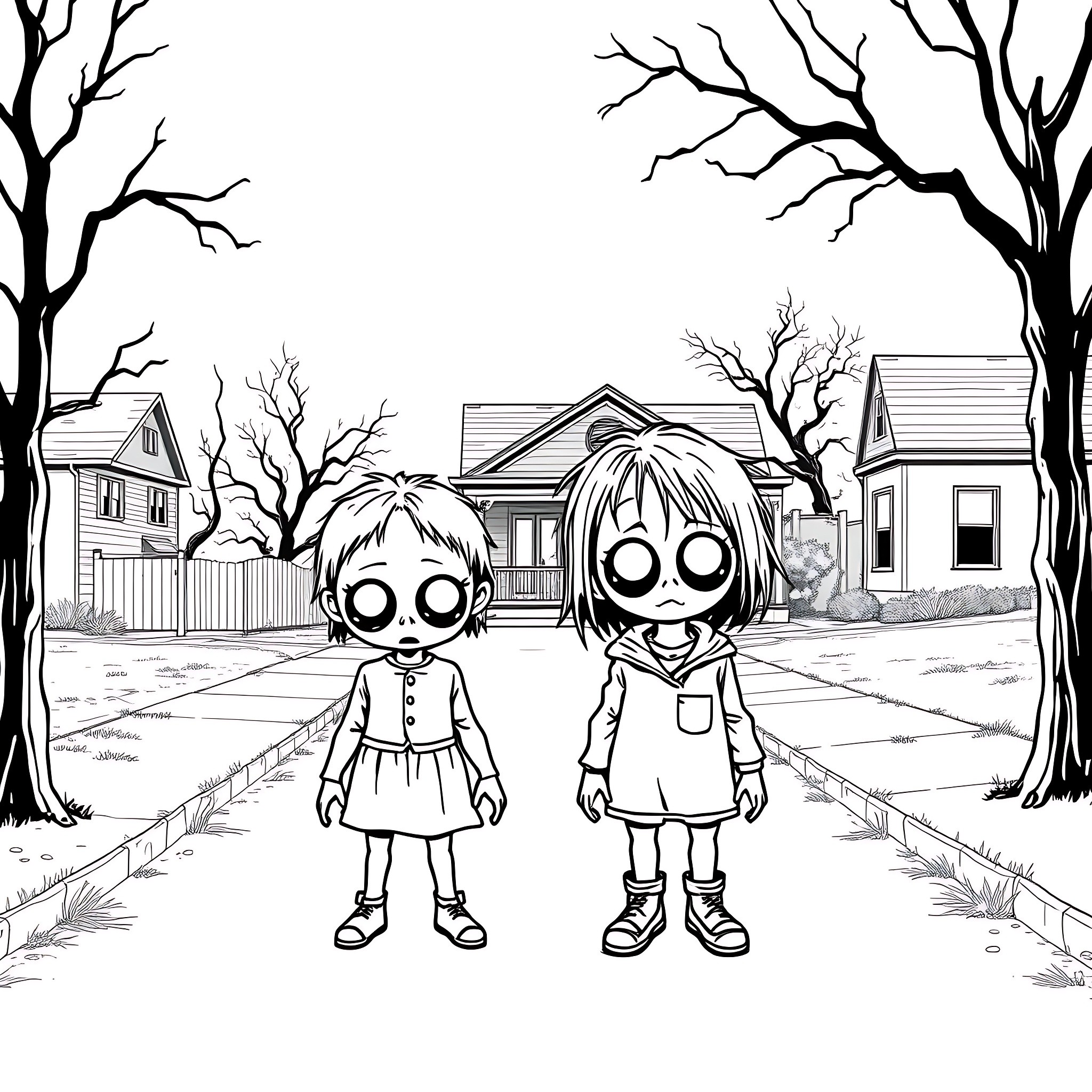 Child Figures in Spooky Neighborhood Coloring Page (free black-and-white line drawing printable PDF for all, from beginners to advanced learners, including children, teens, adults, and seniors)