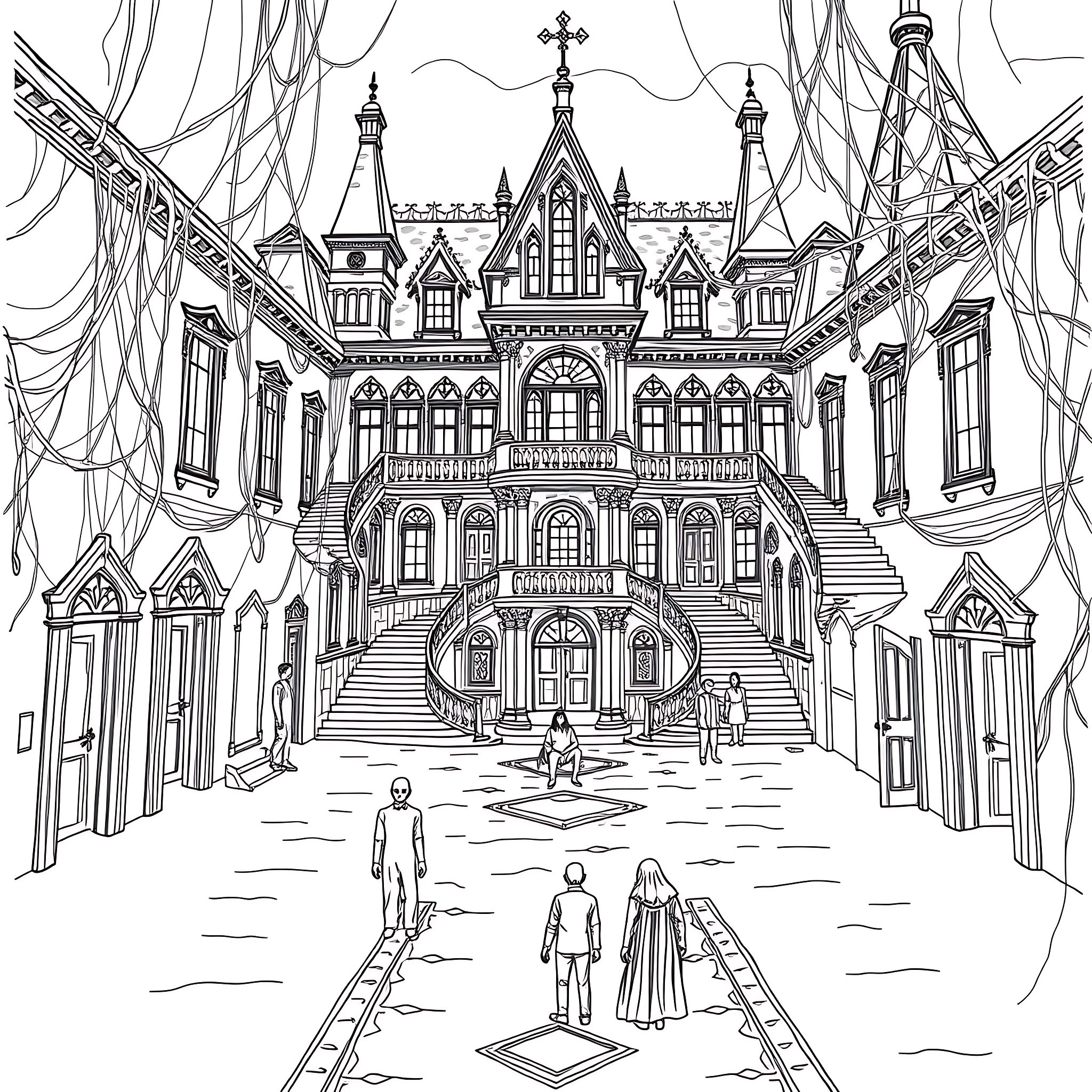 Mansion with intricate architecture and figures Coloring Page (free black-and-white line drawing printable PDF for all, from beginners to advanced learners, including children, teens, adults, and seniors)