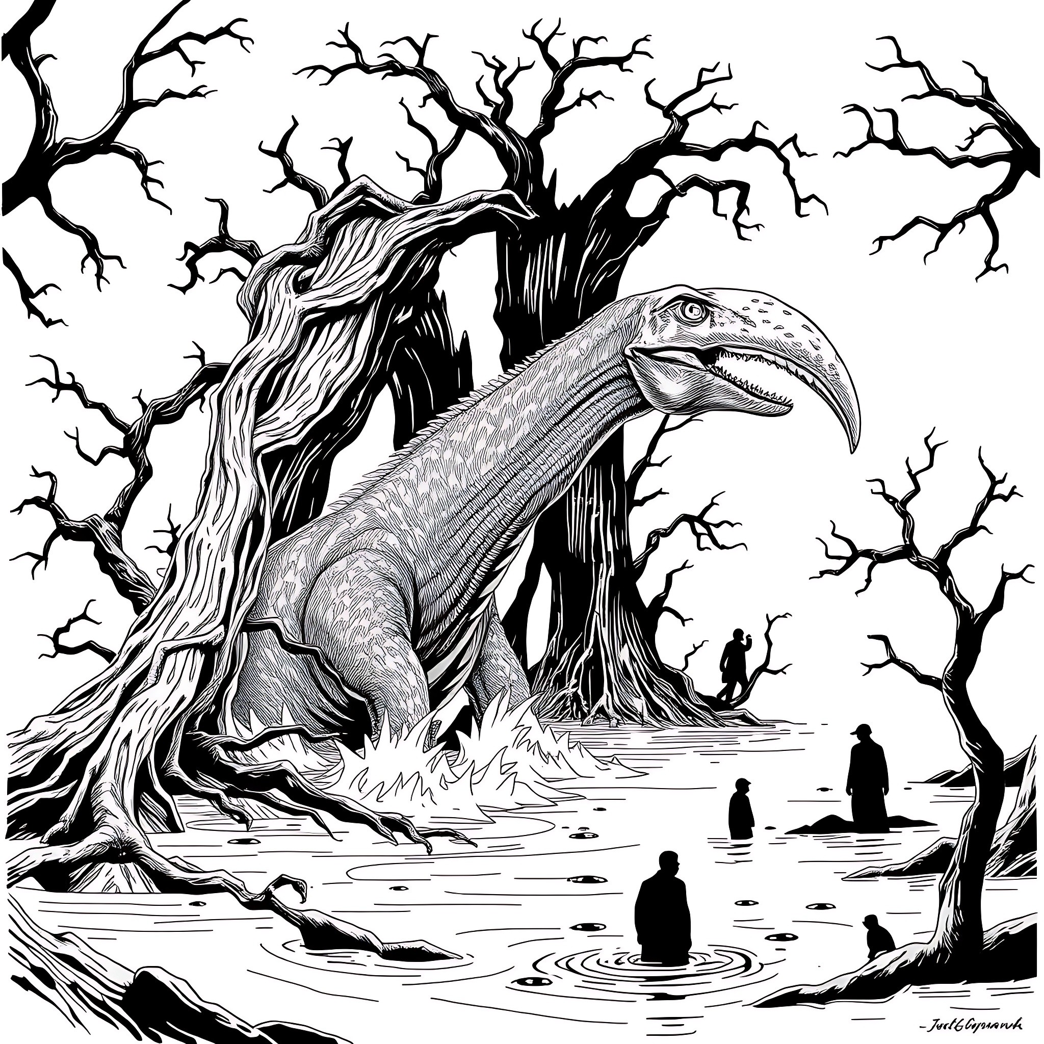 Mokele-Mbembe emerges from the haunting forest Coloring Page (free black-and-white line drawing printable PDF for all, from beginners to advanced learners, including children, teens, adults, and seniors)