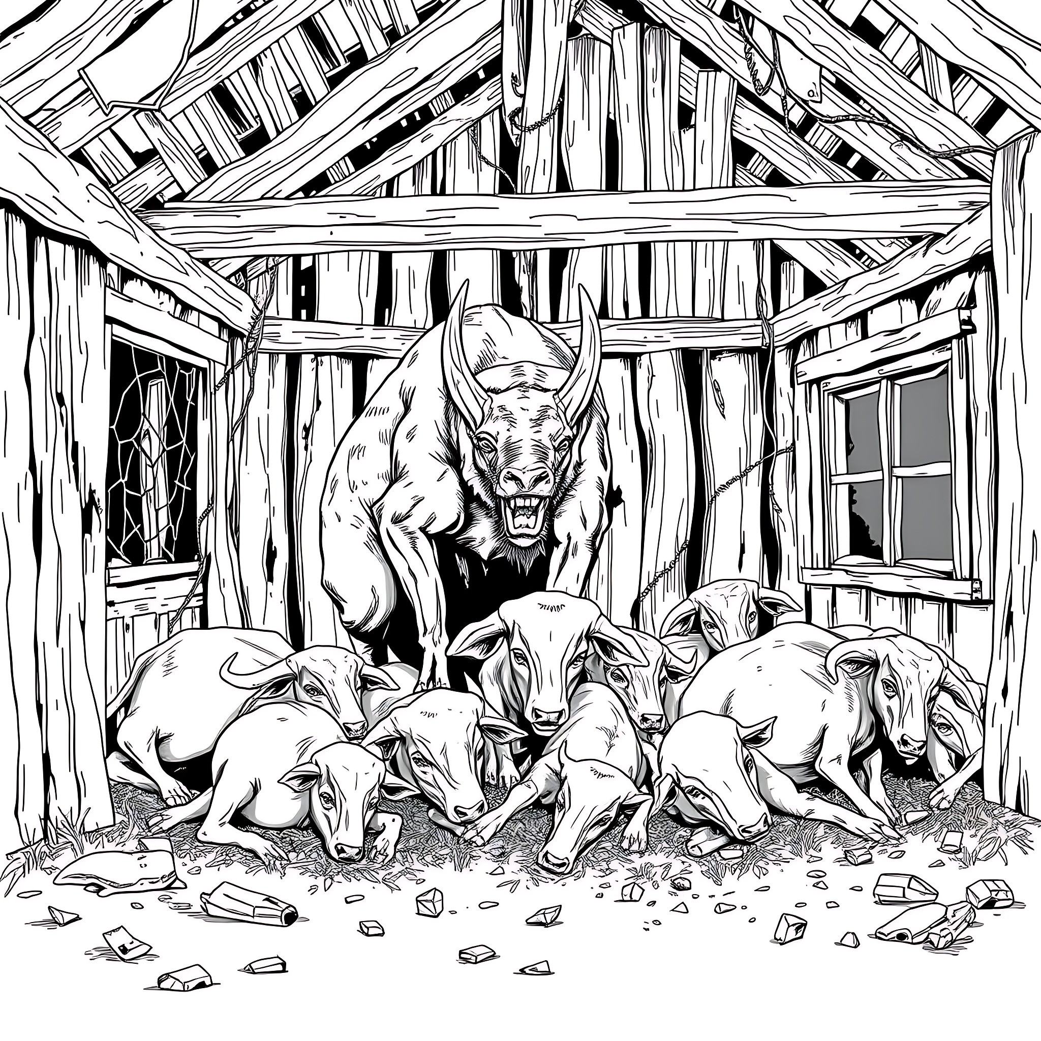 Chupacabra protecting its lair and offspring Coloring Page (free black-and-white line drawing printable PDF for all, from beginners to advanced learners, including children, teens, adults, and seniors)