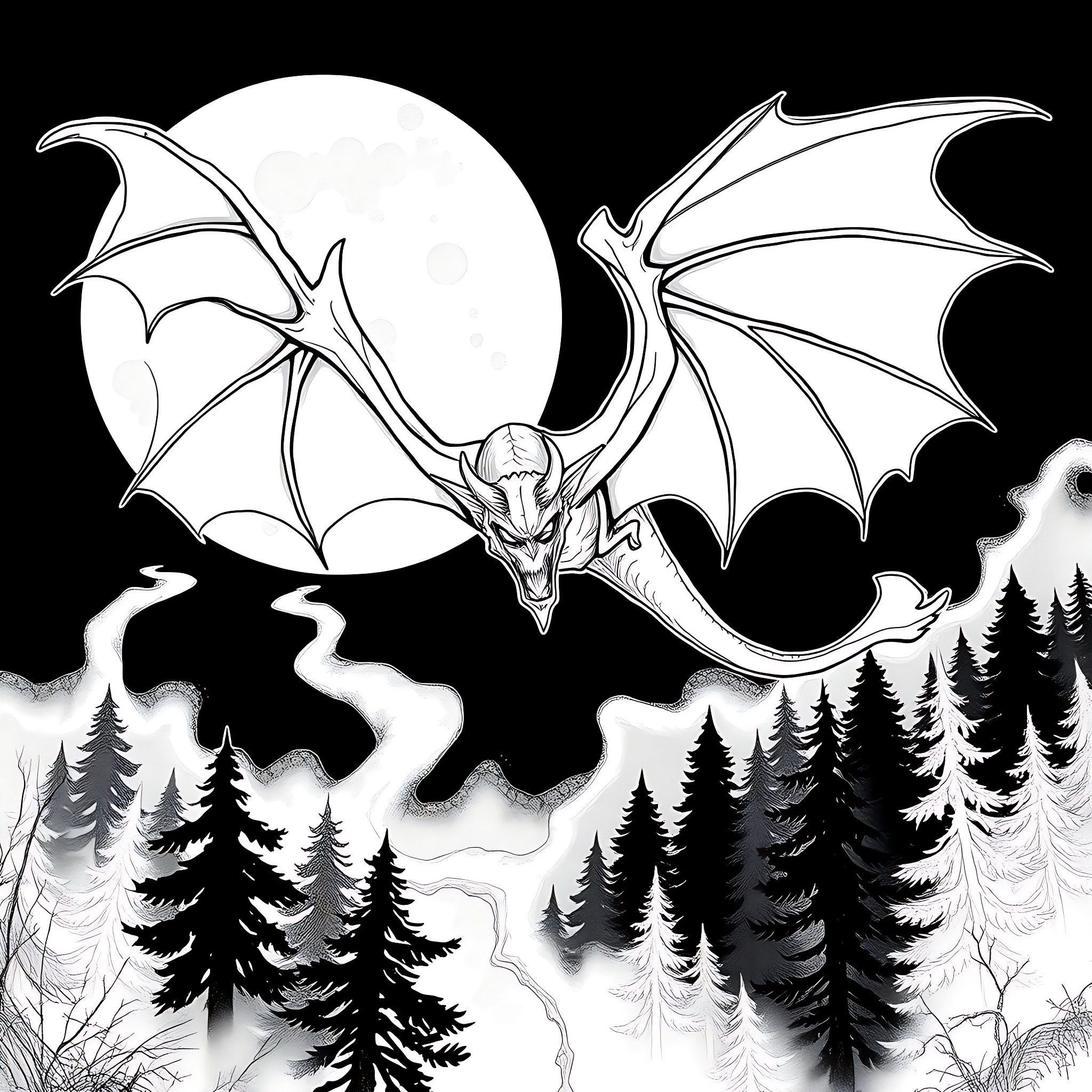 Jersey Devil rising above the dark forest Coloring Page (free black-and-white line drawing printable PDF for all, from beginners to advanced learners, including children, teens, adults, and seniors)