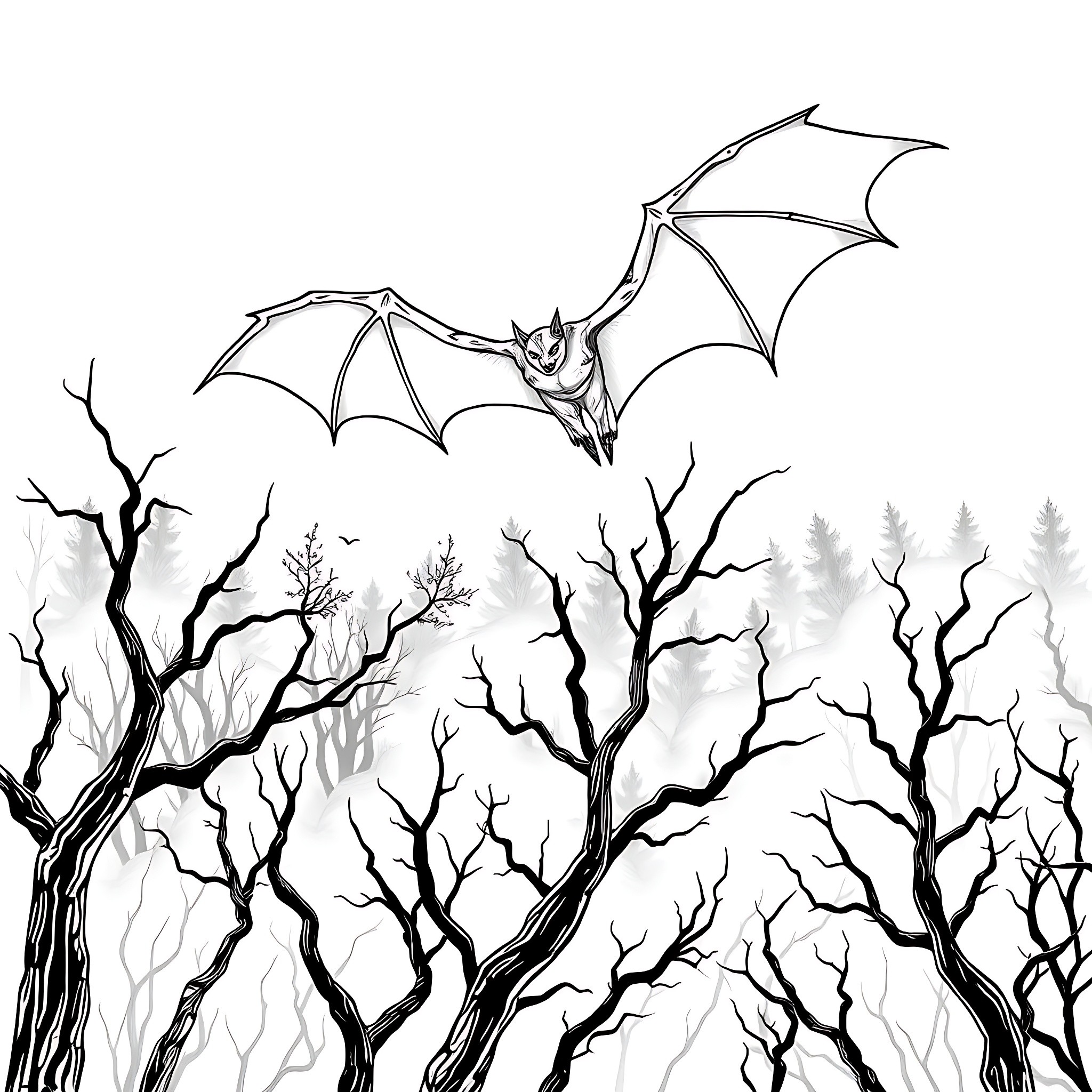 Jersey Devil soaring over a spooky bare-branched forest Coloring Page (free black-and-white line drawing printable PDF for all, from beginners to advanced learners, including children, teens, adults, and seniors)