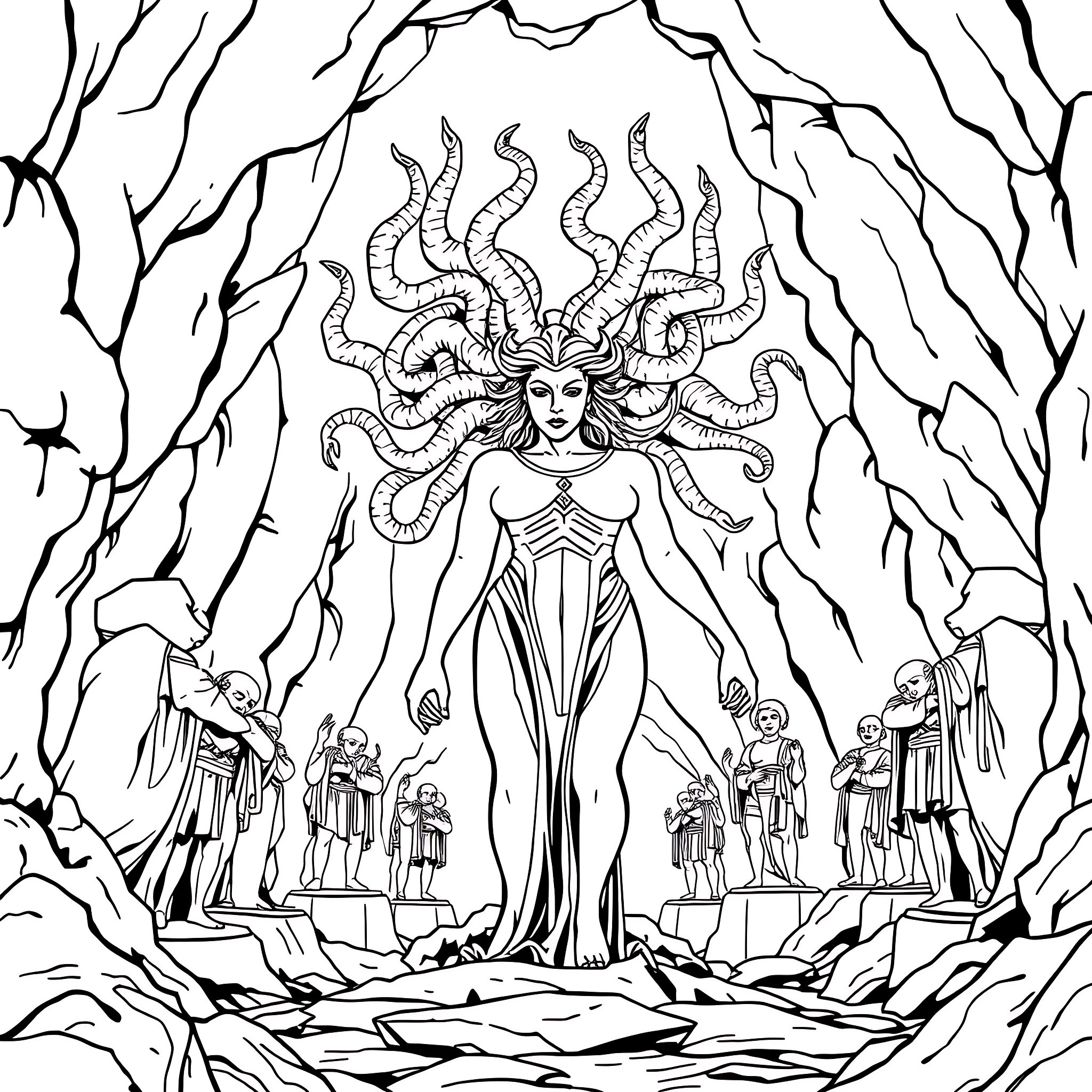 Medusa Unleashes Her Formidable Powers Coloring Page (free black-and-white line drawing printable PDF for all, from beginners to advanced learners, including children, teens, adults, and seniors)
