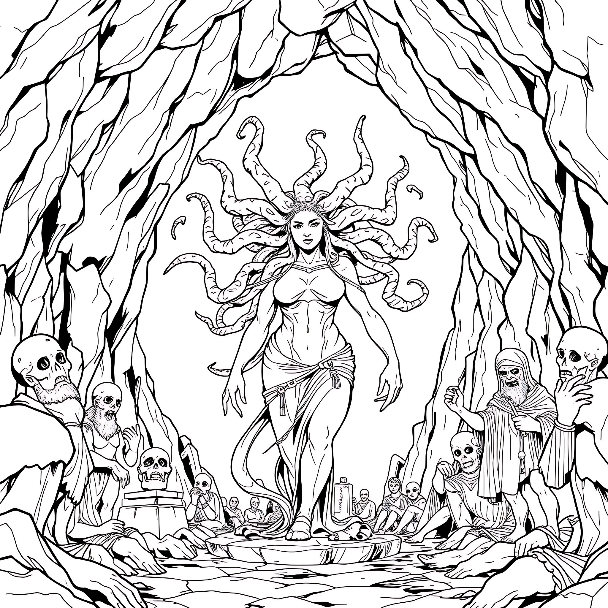 Medusa's Lair of Mythical Creatures Coloring Page (free black-and-white line drawing printable PDF for all, from beginners to advanced learners, including children, teens, adults, and seniors)