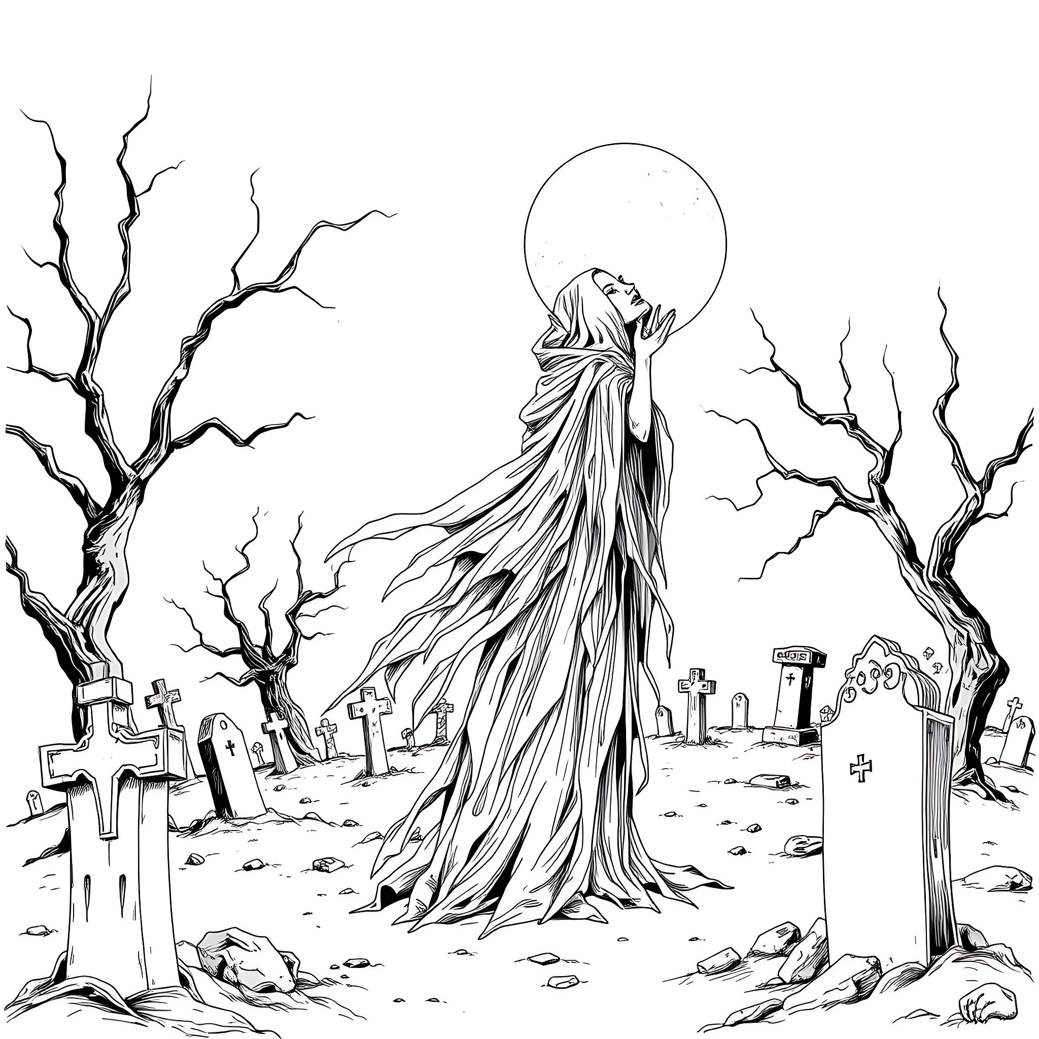 Banshee's Lament in the Haunting Graveyard Coloring Page (free black-and-white line drawing printable PDF for all, from beginners to advanced learners, including children, teens, adults, and seniors)