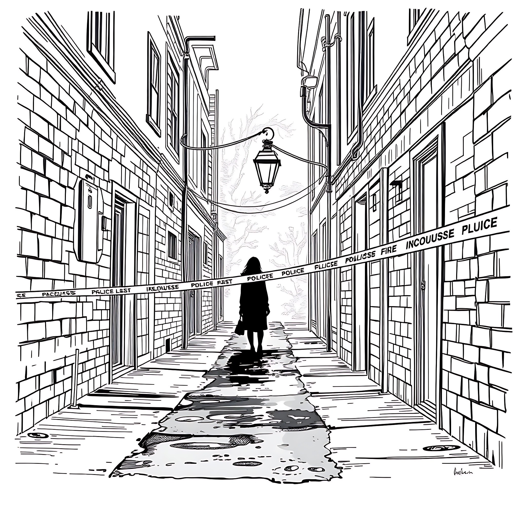 Dahlia's Alley at Night Coloring Page (free black-and-white line drawing printable PDF for all, from beginners to advanced learners, including children, teens, adults, and seniors)