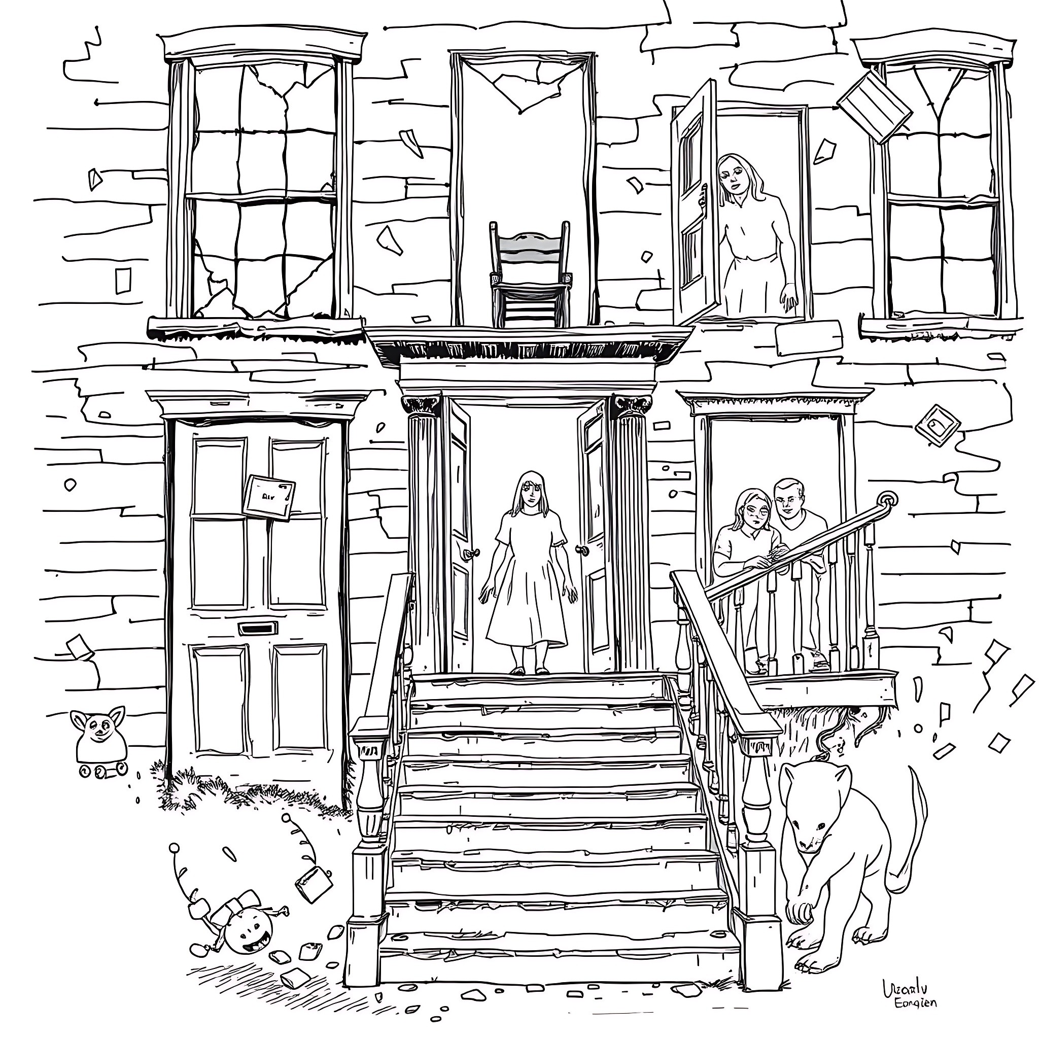 Haunted House with Ghostly Figures and Eerie Atmosphere Coloring Page (free black-and-white line drawing printable PDF for all, from beginners to advanced learners, including children, teens, adults, and seniors)