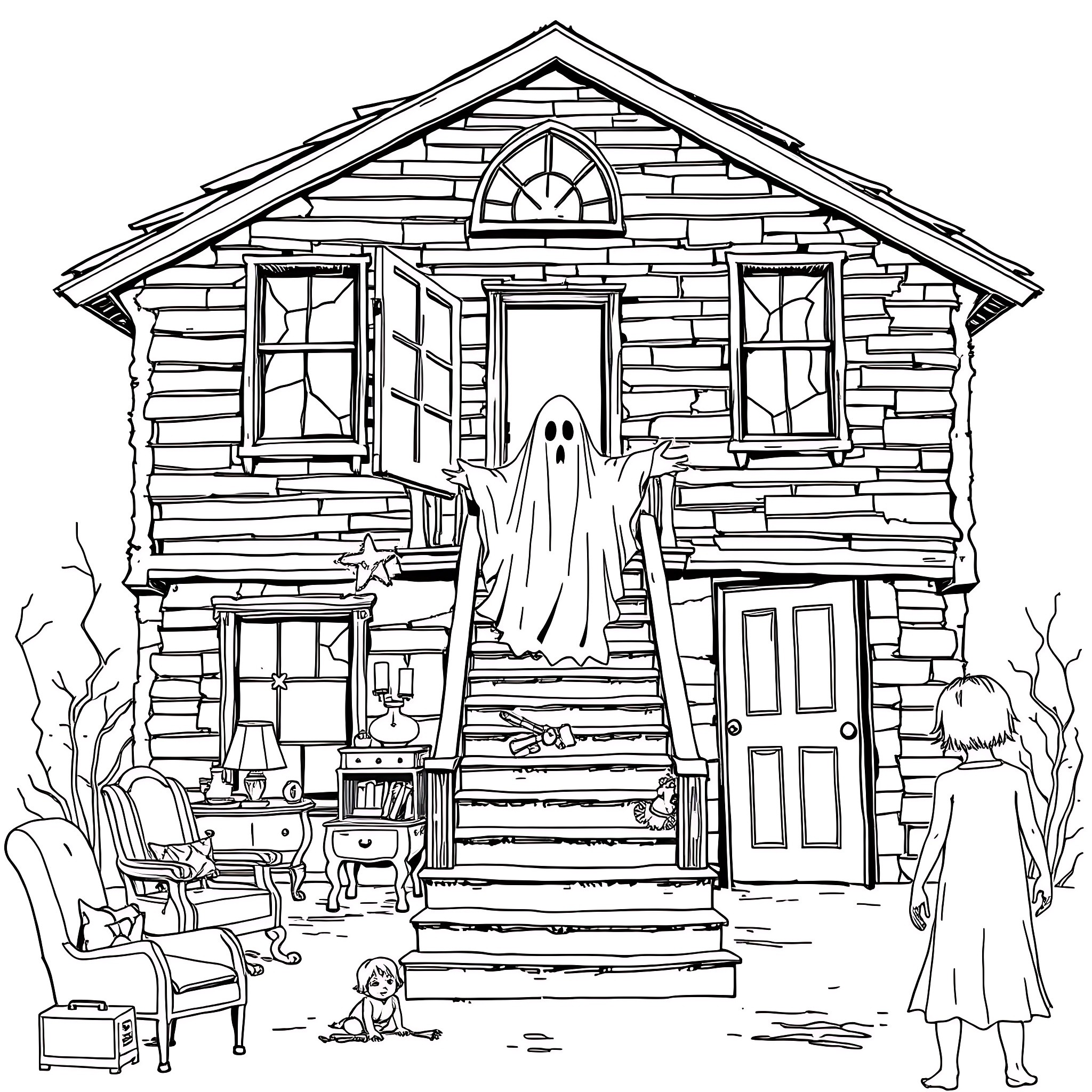 House with a haunted ghost apparition on the porch Coloring Page (free black-and-white line drawing printable PDF for all, from beginners to advanced learners, including children, teens, adults, and seniors)