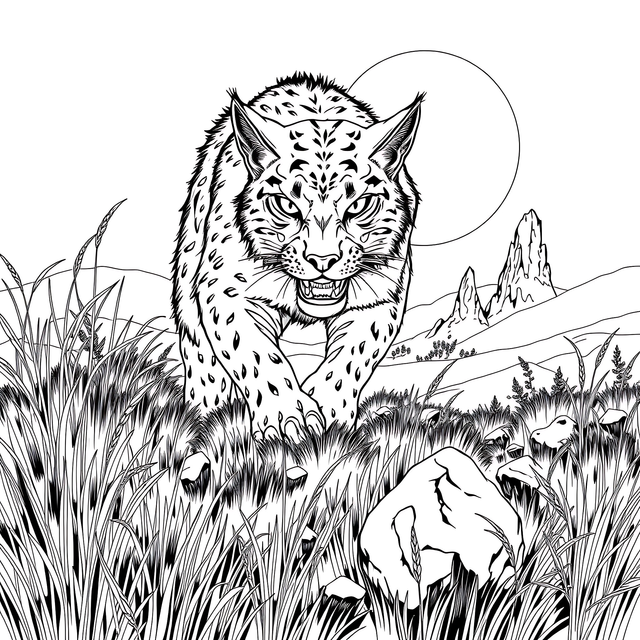 Beast in the Wilderness with Moonlight Coloring Page (free black-and-white line drawing printable PDF for all, from beginners to advanced learners, including children, teens, adults, and seniors)