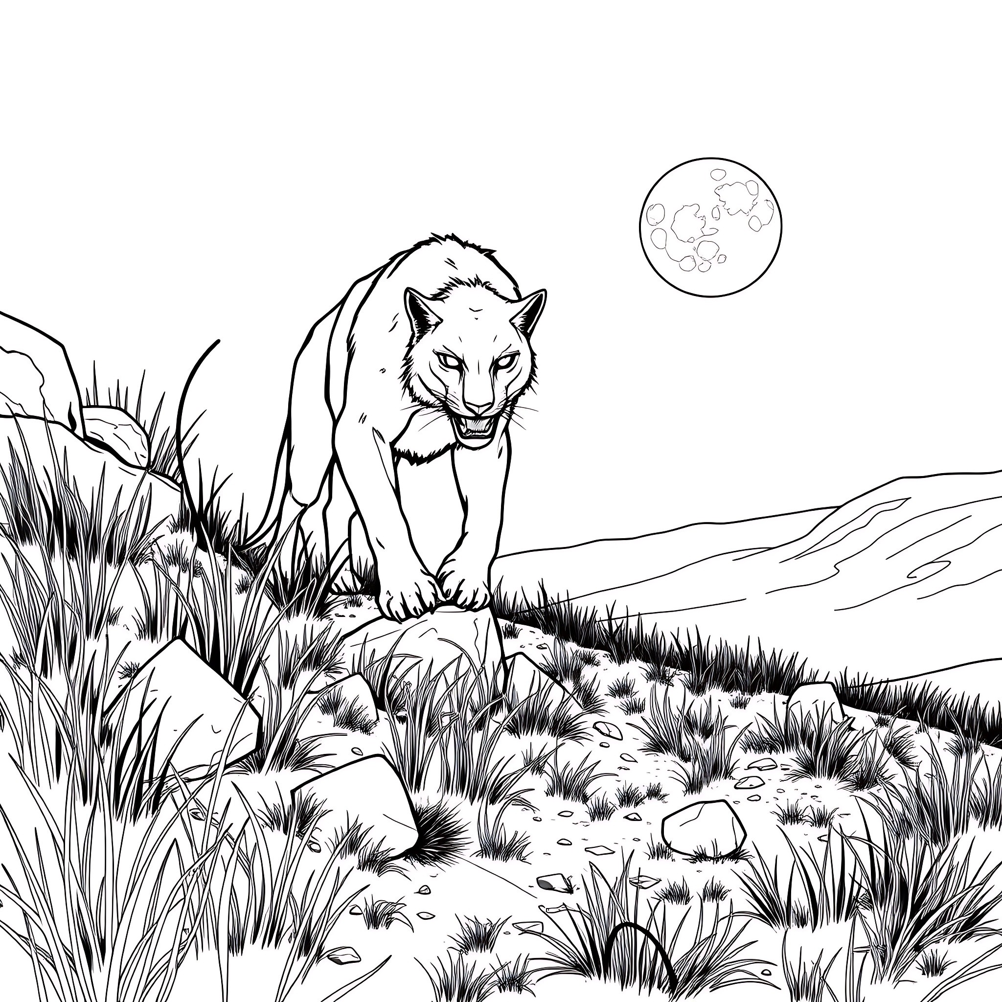 Beast stalking silently through the wilderness Coloring Page (free black-and-white line drawing printable PDF for all, from beginners to advanced learners, including children, teens, adults, and seniors)