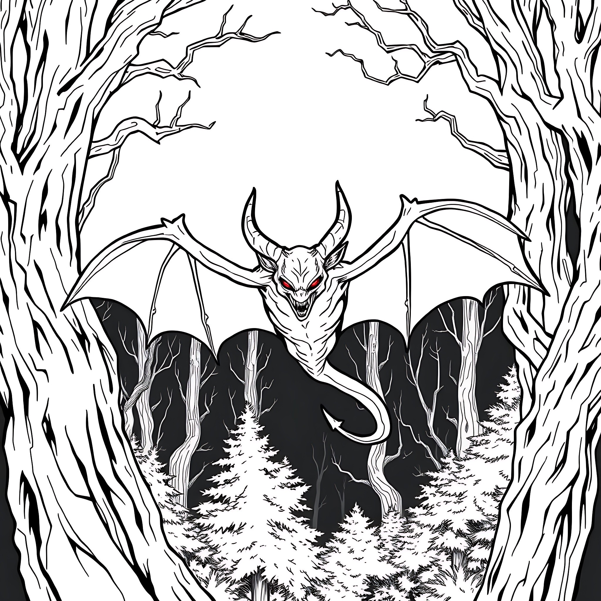 Jersey Devil emerging from eerie forest Coloring Page (free black-and-white line drawing printable PDF for all, from beginners to advanced learners, including children, teens, adults, and seniors)