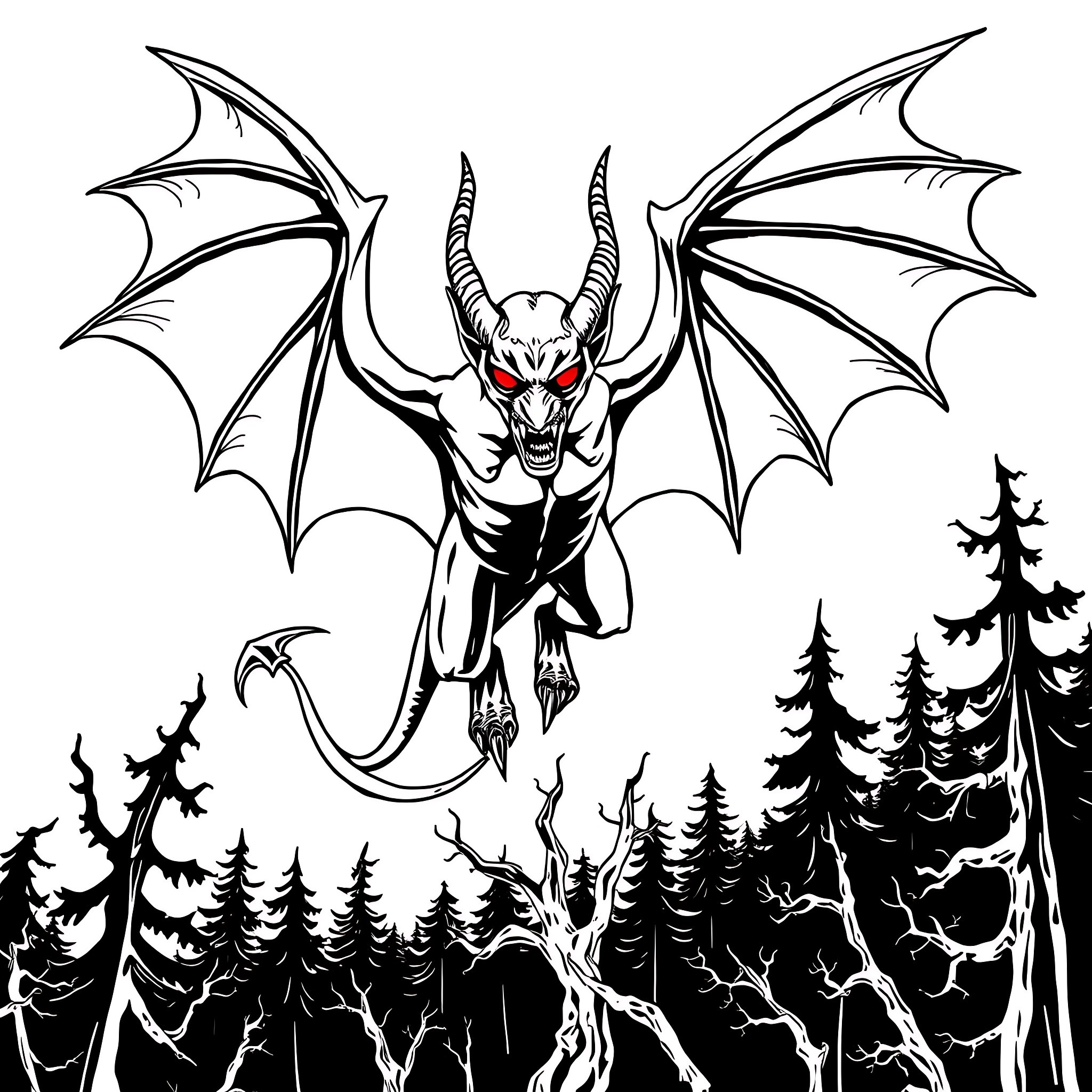 Jersey Devil wreaking havoc in the forest Coloring Page (free black-and-white line drawing printable PDF for all, from beginners to advanced learners, including children, teens, adults, and seniors)