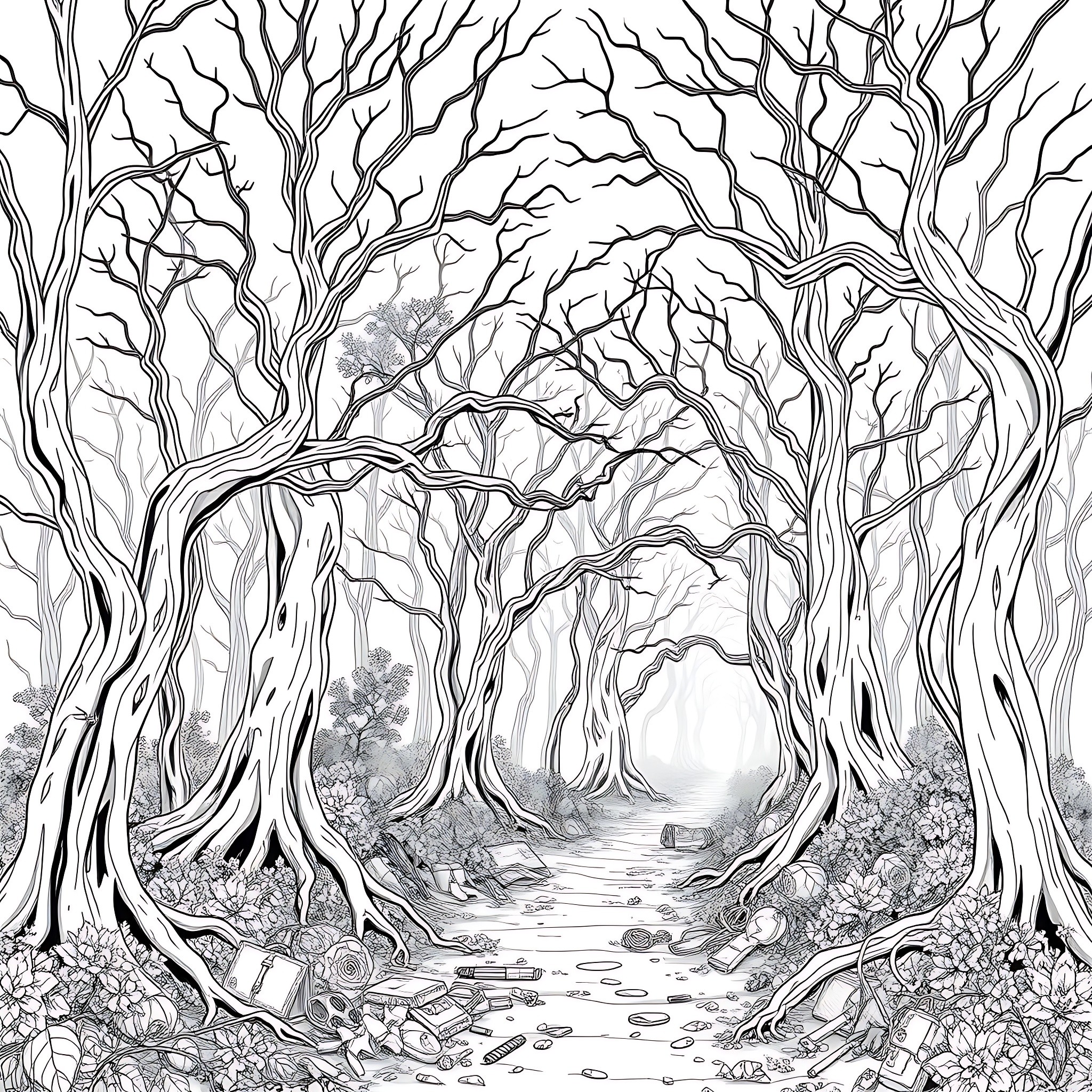 Forest Path with Twisted Trees Coloring Page (free black-and-white line drawing printable PDF for all, from beginners to advanced learners, including children, teens, adults, and seniors)