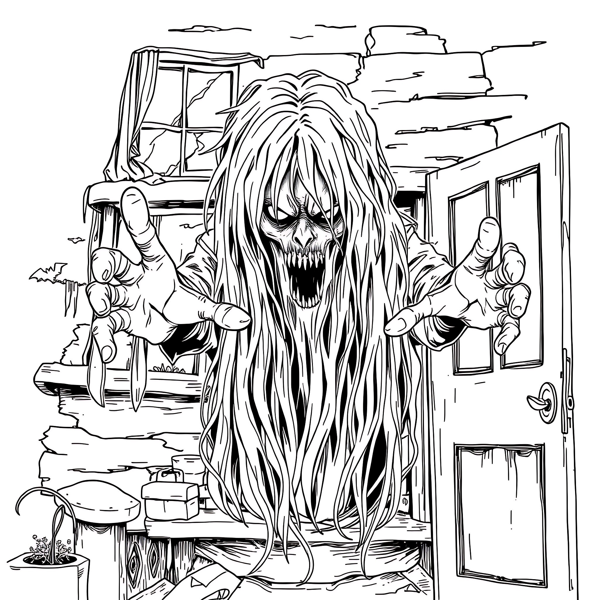 Ghost creature emerging from a haunted house Coloring Page (free black-and-white line drawing printable PDF for all, from beginners to advanced learners, including children, teens, adults, and seniors)