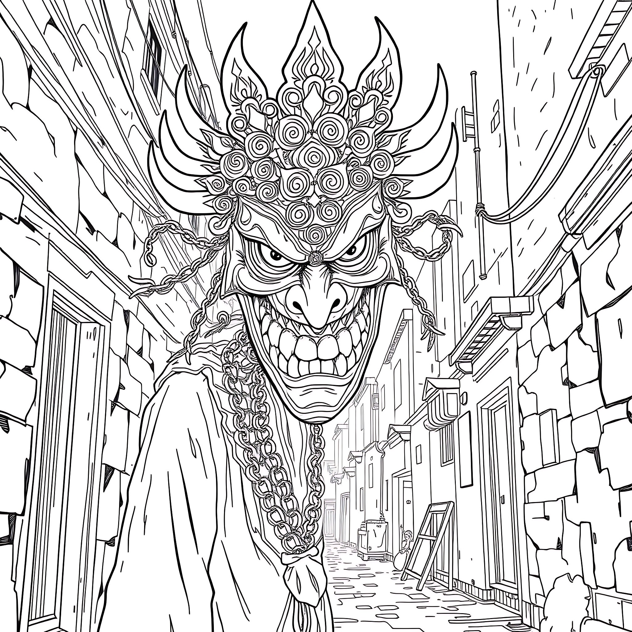 Figure of a Fearsome Demonic Mask in an Urban Alley Coloring Page (free black-and-white line drawing printable PDF for all, from beginners to advanced learners, including children, teens, adults, and seniors)