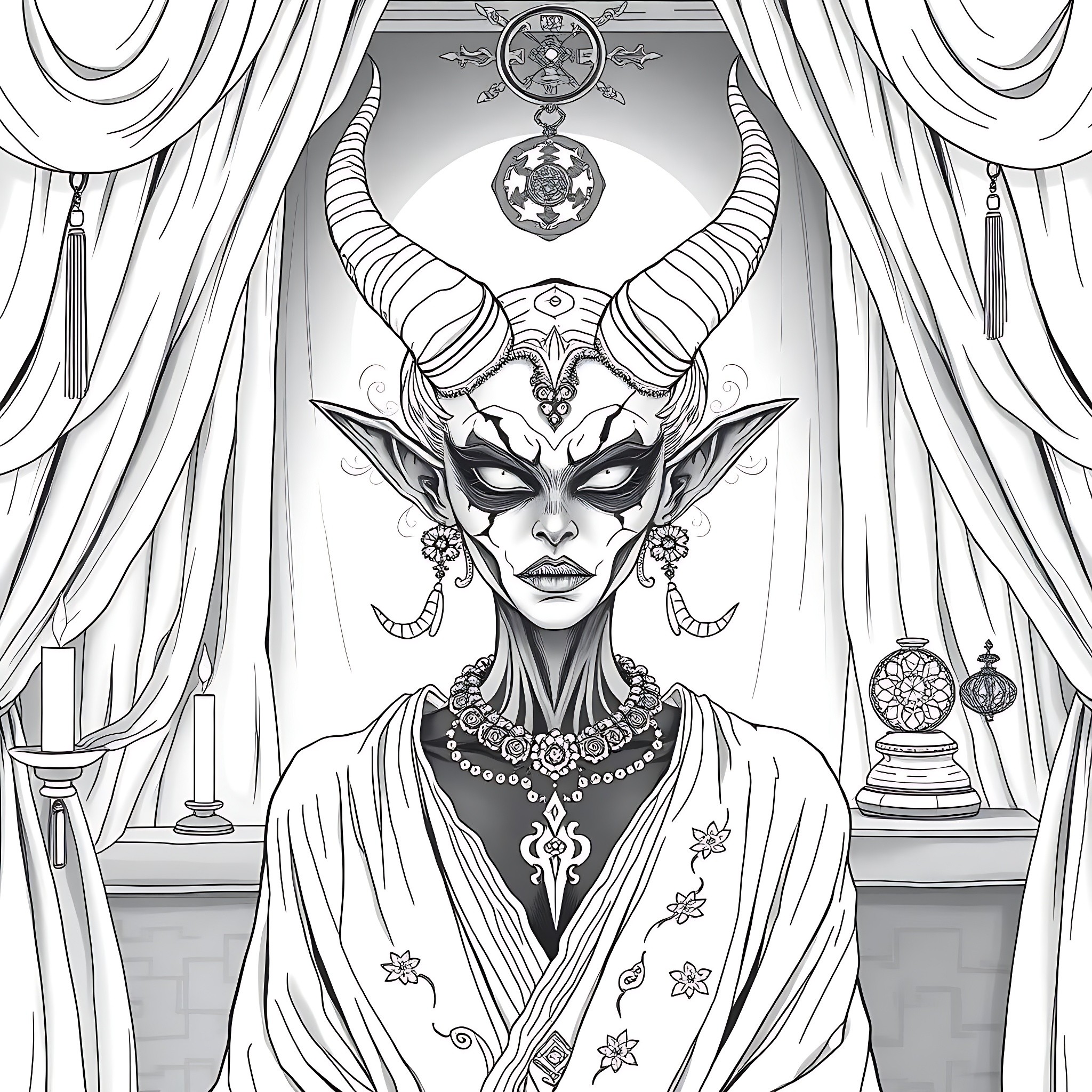 Demon Empress in Ornate Ceremonial Garb Coloring Page (free black-and-white line drawing printable PDF for all, from beginners to advanced learners, including children, teens, adults, and seniors)