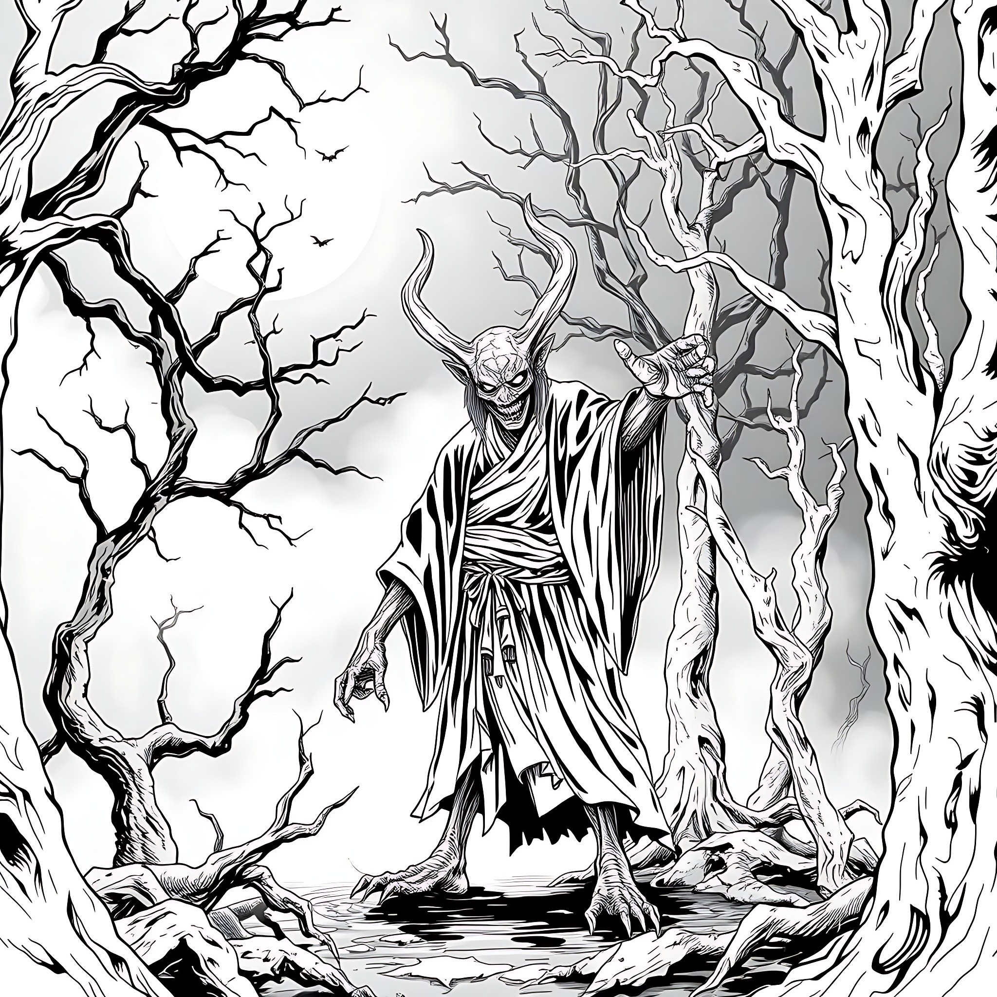 Jiangshi in Eerie Woodland Landscape Coloring Page (free black-and-white line drawing printable PDF for all, from beginners to advanced learners, including children, teens, adults, and seniors)