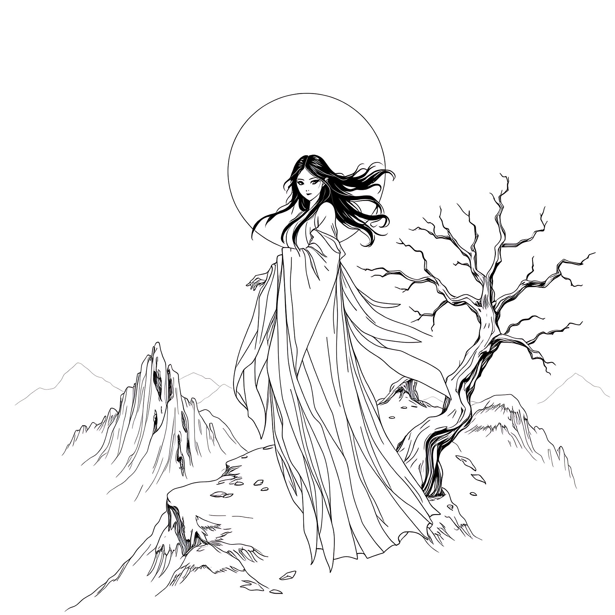 White Lady of the Moonlit Mountains Coloring Page (free black-and-white line drawing printable PDF for all, from beginners to advanced learners, including children, teens, adults, and seniors)