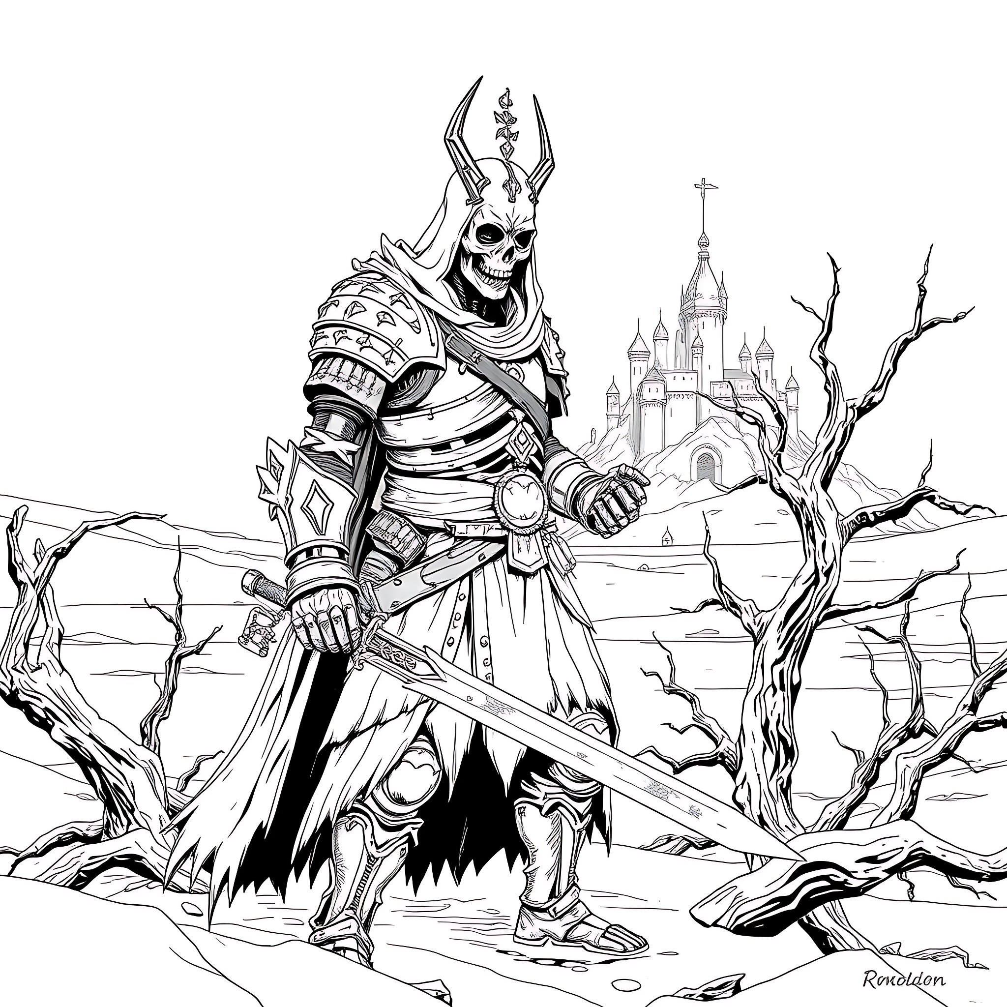 Koschei the Deathless - Warrior in Armor Stands Tall Coloring Page (free black-and-white line drawing printable PDF for all, from beginners to advanced learners, including children, teens, adults, and seniors)