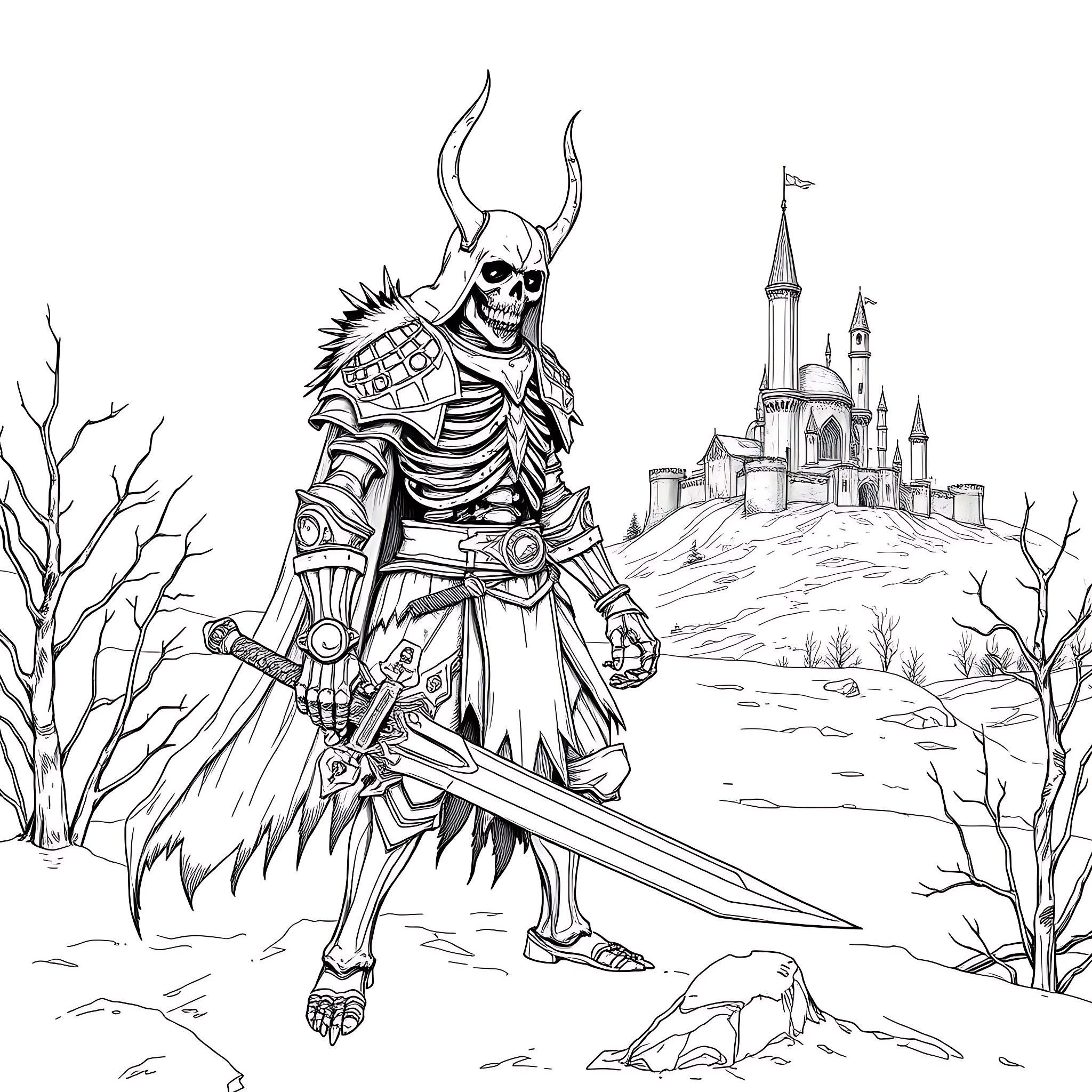 Koschei the Deathless, Wielding His Blade in a Desolate Landscape Coloring Page (free black-and-white line drawing printable PDF for all, from beginners to advanced learners, including children, teens, adults, and seniors)