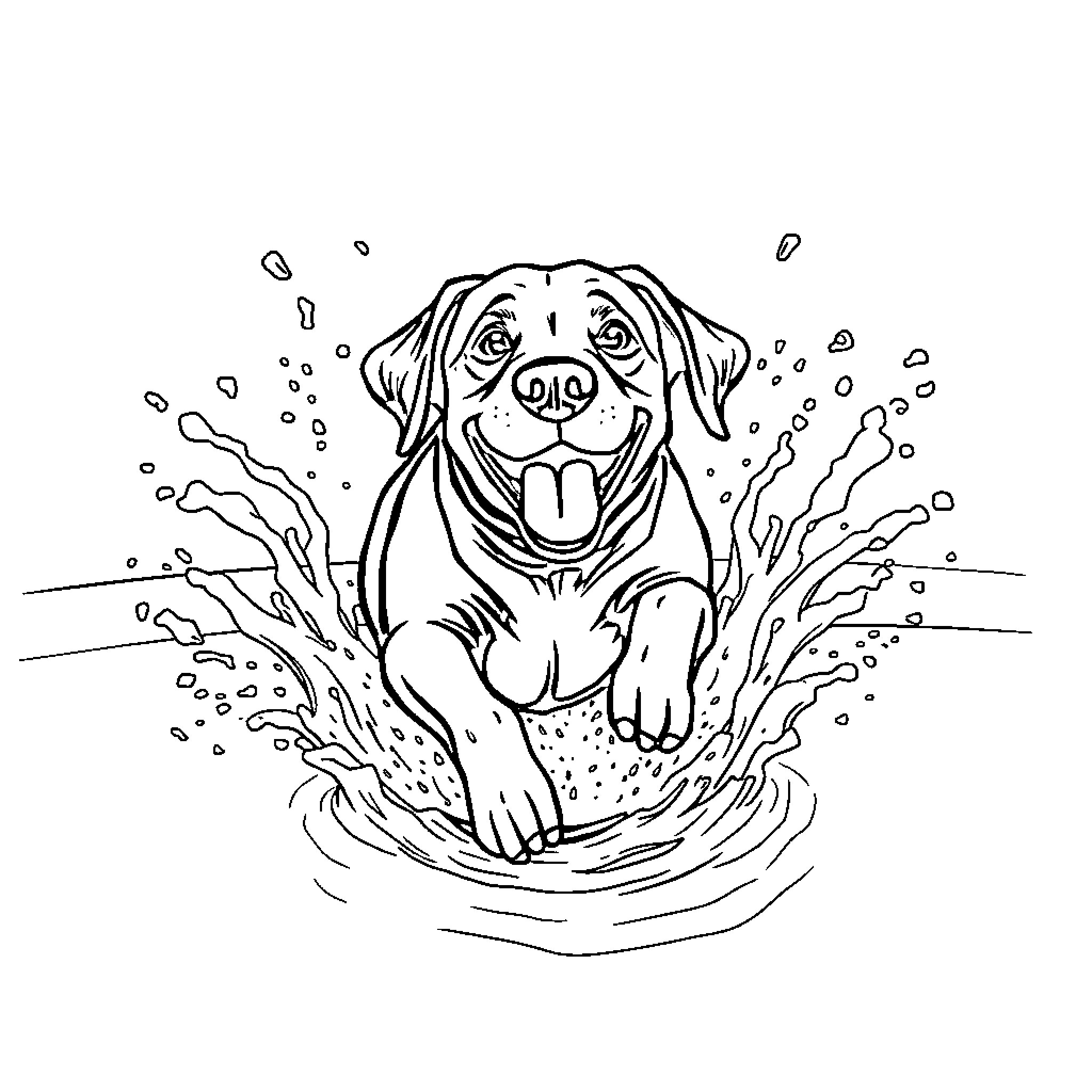 Labrador splashing in refreshing water Coloring Page (free black-and-white line drawing printable PDF for all, from beginners to advanced learners, including children, teens, adults, and seniors)