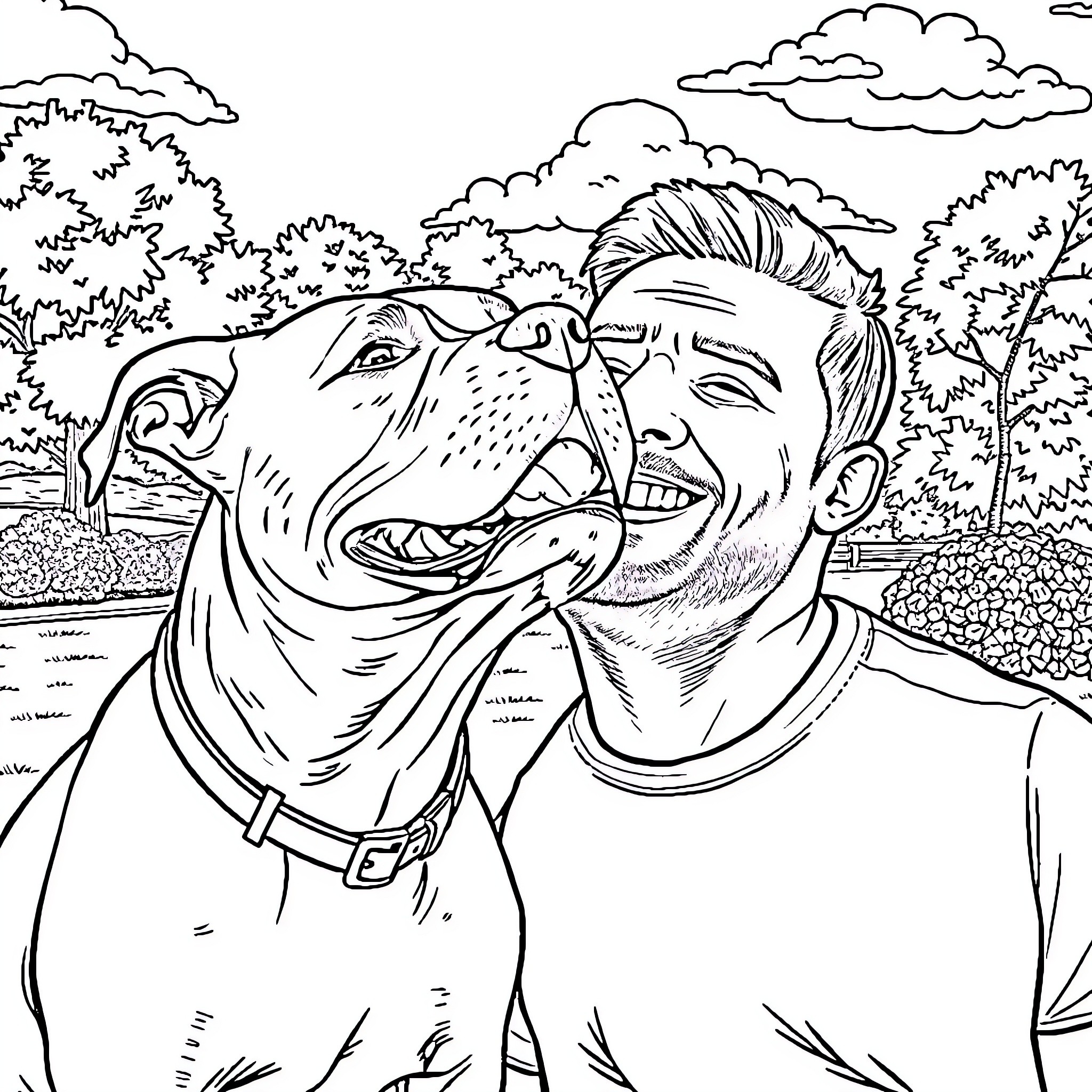 Pit Bull Enthusiast Bonding Playfully with Their Canine Companion Coloring Page (free black-and-white line drawing printable PDF for all, from beginners to advanced learners, including children, teens, adults, and seniors)