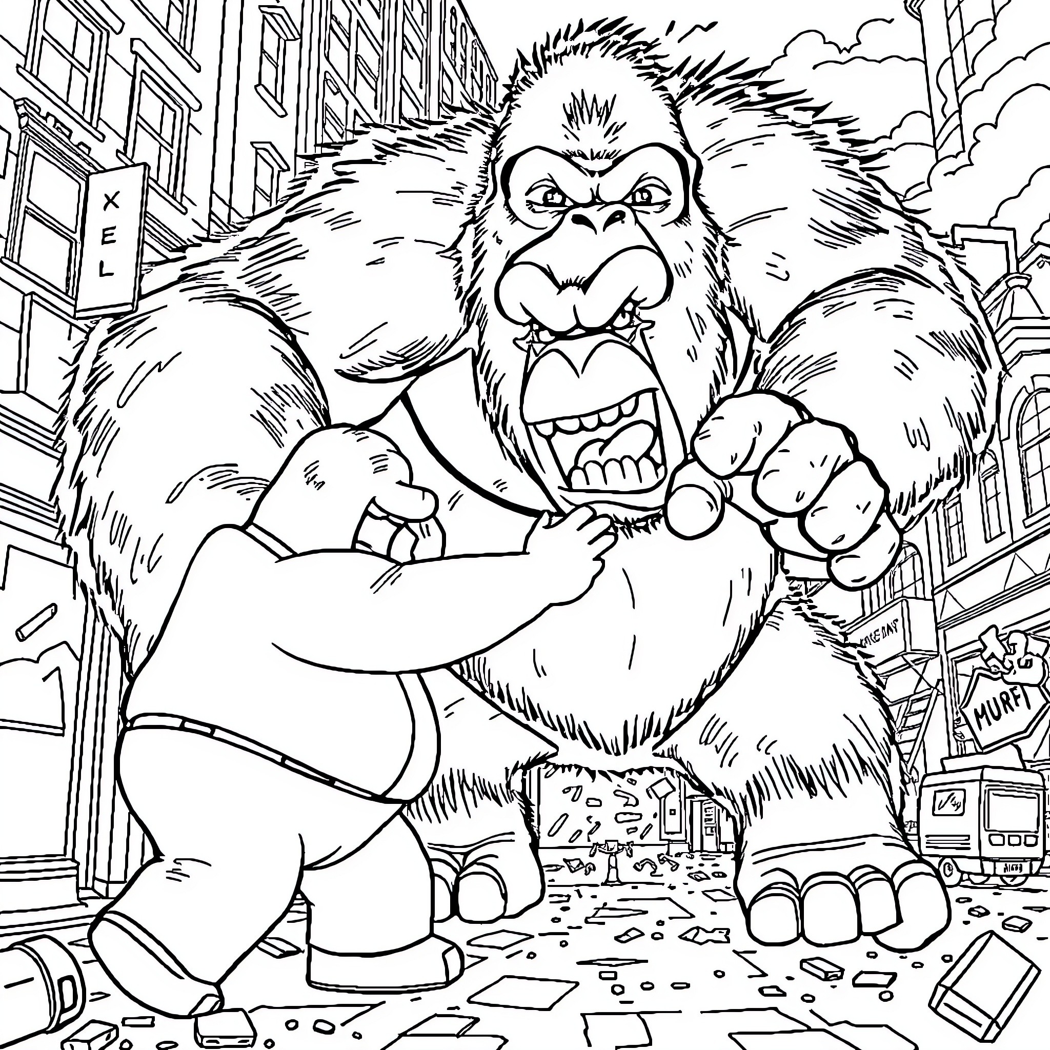 Peter Griffin as an angry giant monster destroying a city Coloring Page (free black-and-white line drawing printable PDF for all, from beginners to advanced learners, including children, teens, adults, and seniors)