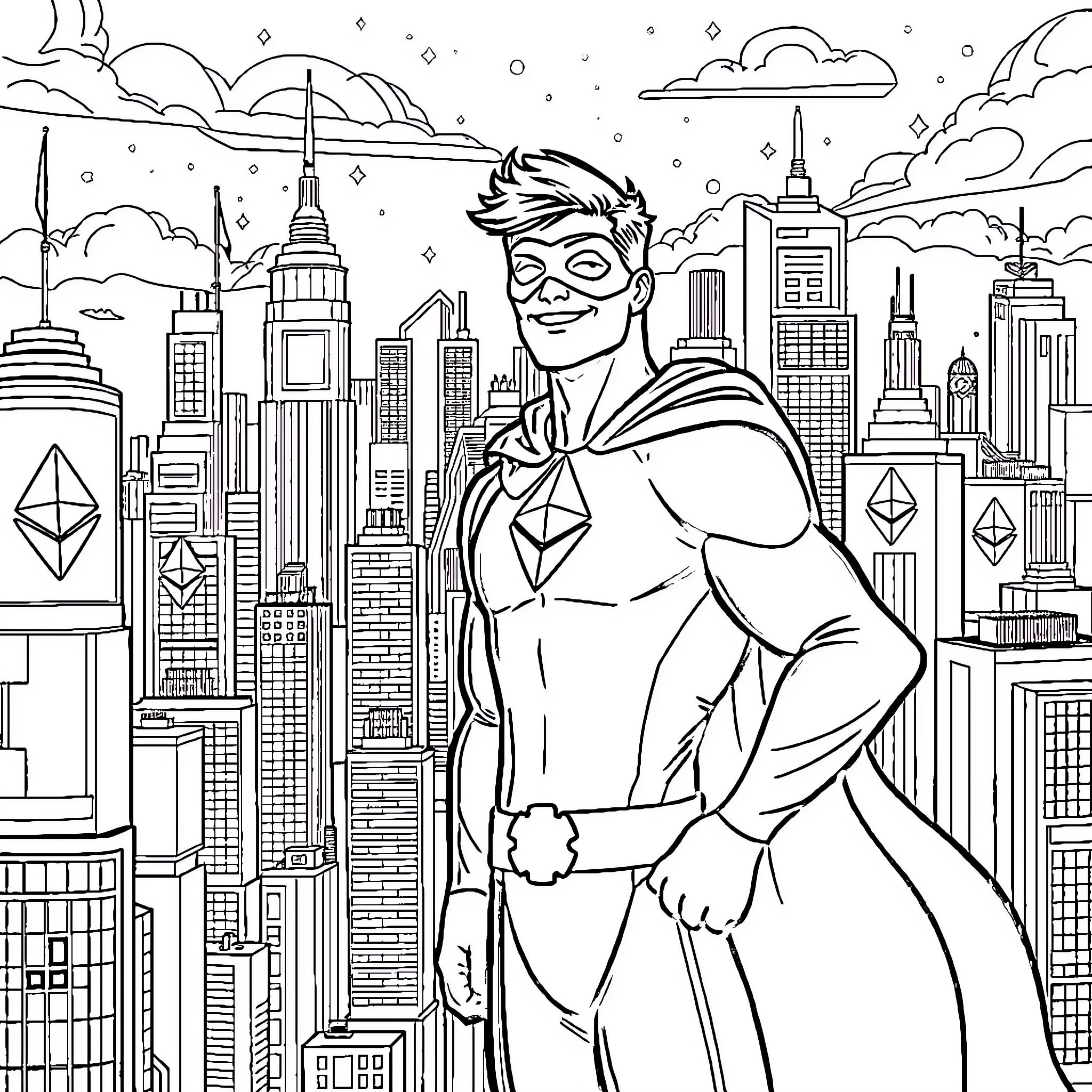 Superhero overlooking futuristic city skyline Coloring Page (free black-and-white line drawing printable PDF for all, from beginners to advanced learners, including children, teens, adults, and seniors)