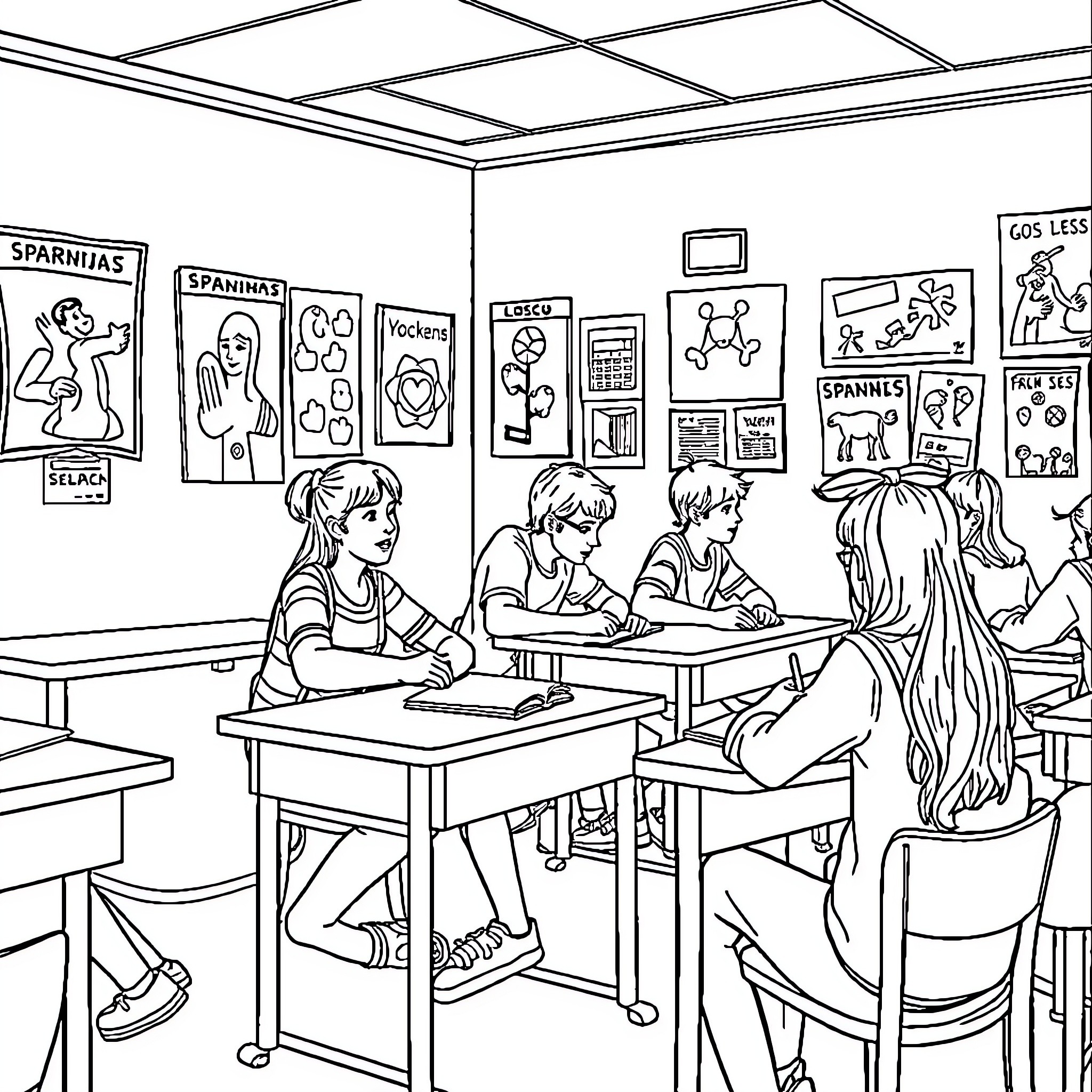 Students Engaged in Classroom Activities Coloring Page (free black-and-white line drawing printable PDF for all, from beginners to advanced learners, including children, teens, adults, and seniors)