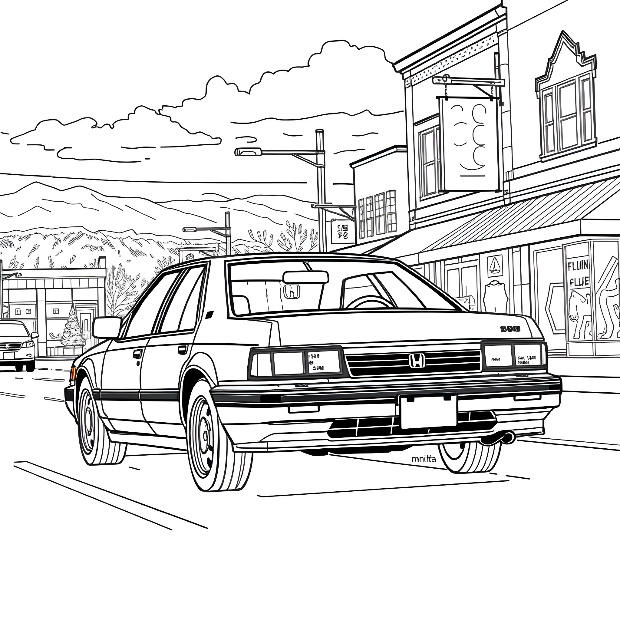 Honda Accord driving through small town street Coloring Page (free black-and-white line drawing printable PDF for all, from beginners to advanced learners, including children, teens, adults, and seniors)