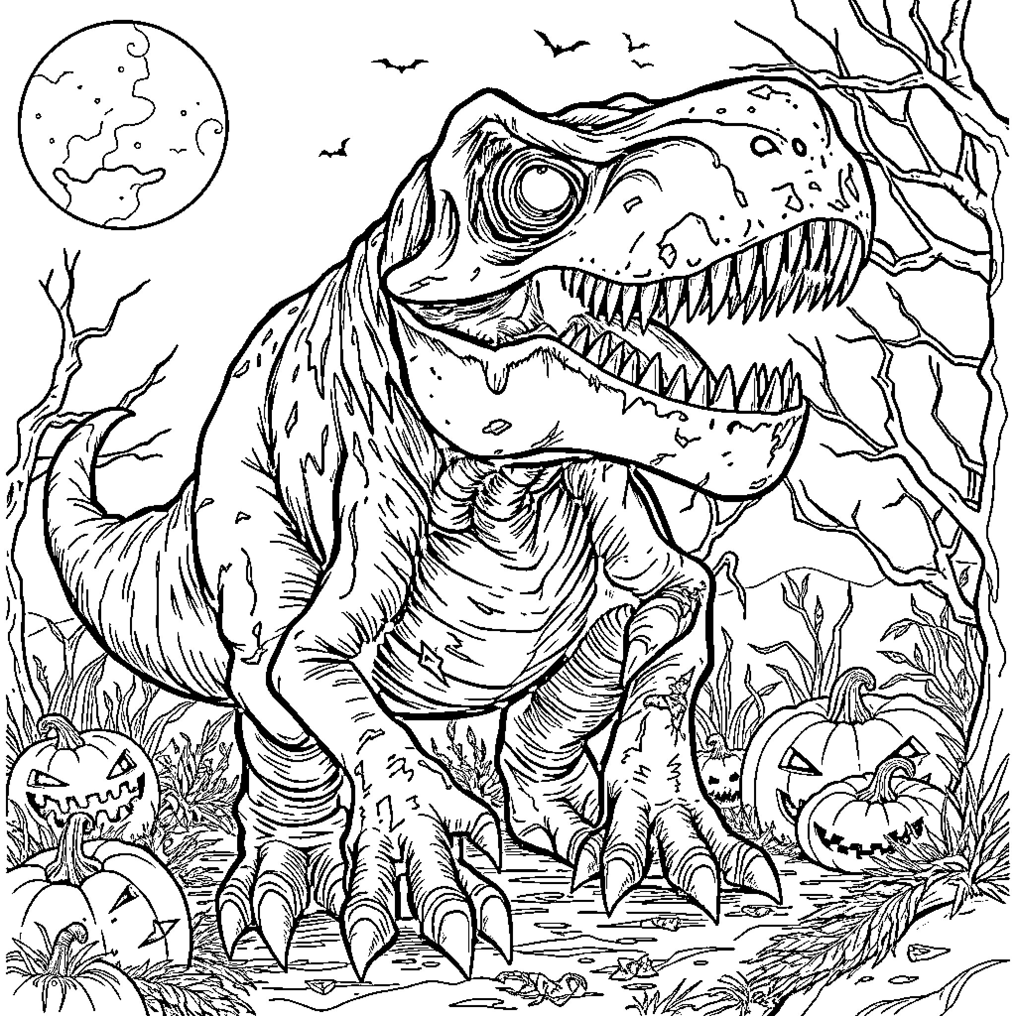 Zombie T-Rex Roaming Spooky Halloween Landscape Coloring Page (free black-and-white line drawing printable PDF for all, from beginners to advanced learners, including children, teens, adults, and seniors)