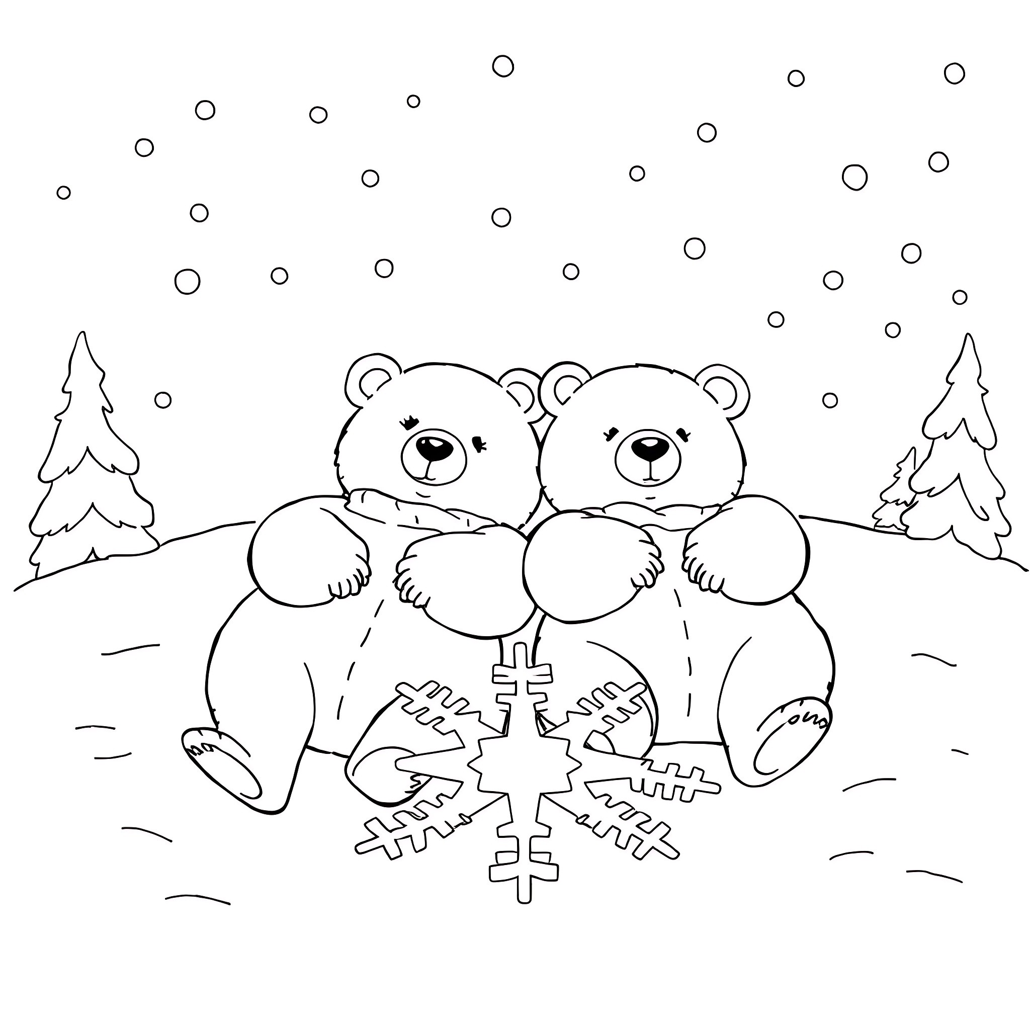 Bear siblings playing in the snowy winter landscape Coloring Page (free black-and-white line drawing printable PDF for all, from beginners to advanced learners, including children, teens, adults, and seniors)