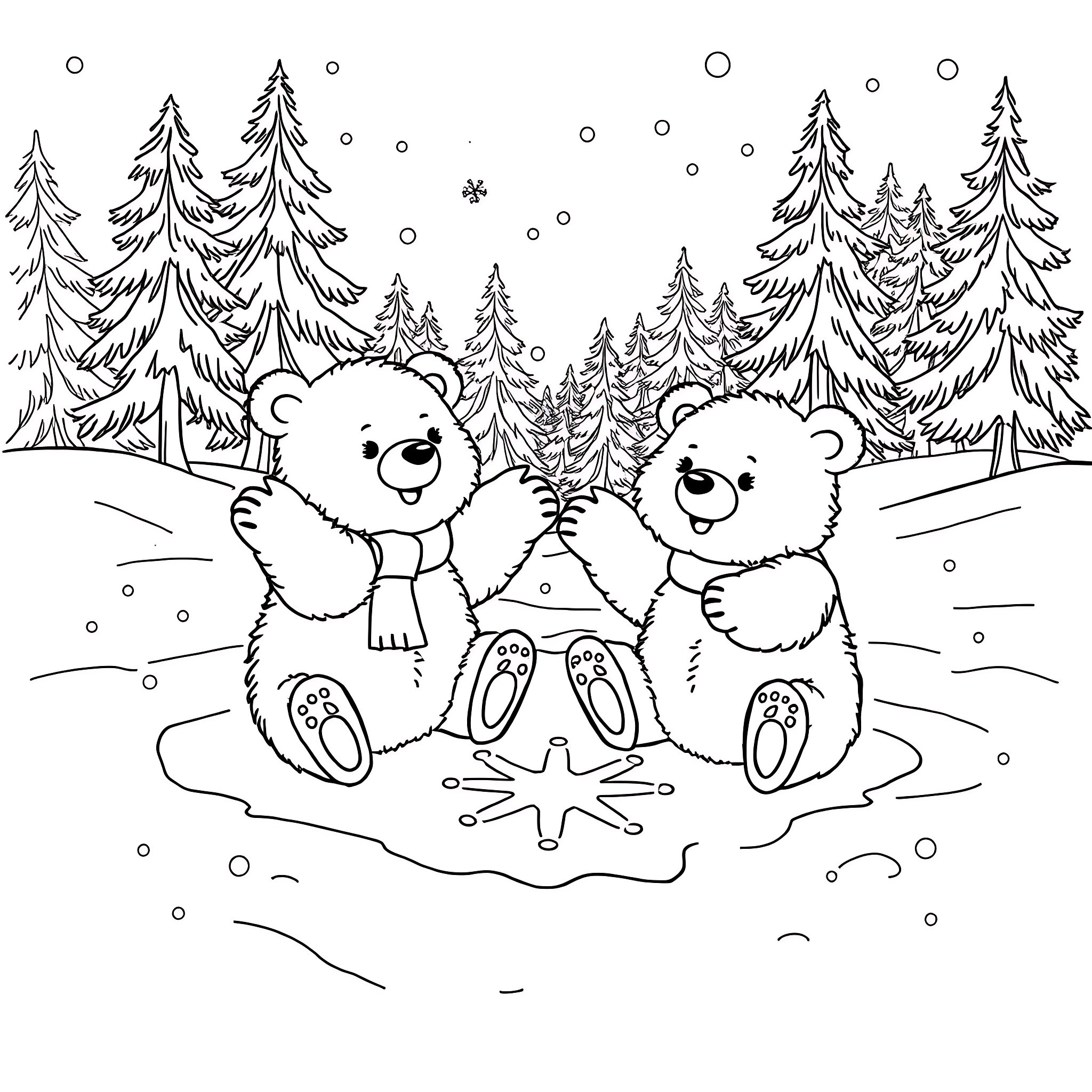Bear friends enjoying winter in the snowy forest Coloring Page (free black-and-white line drawing printable PDF for all, from beginners to advanced learners, including children, teens, adults, and seniors)