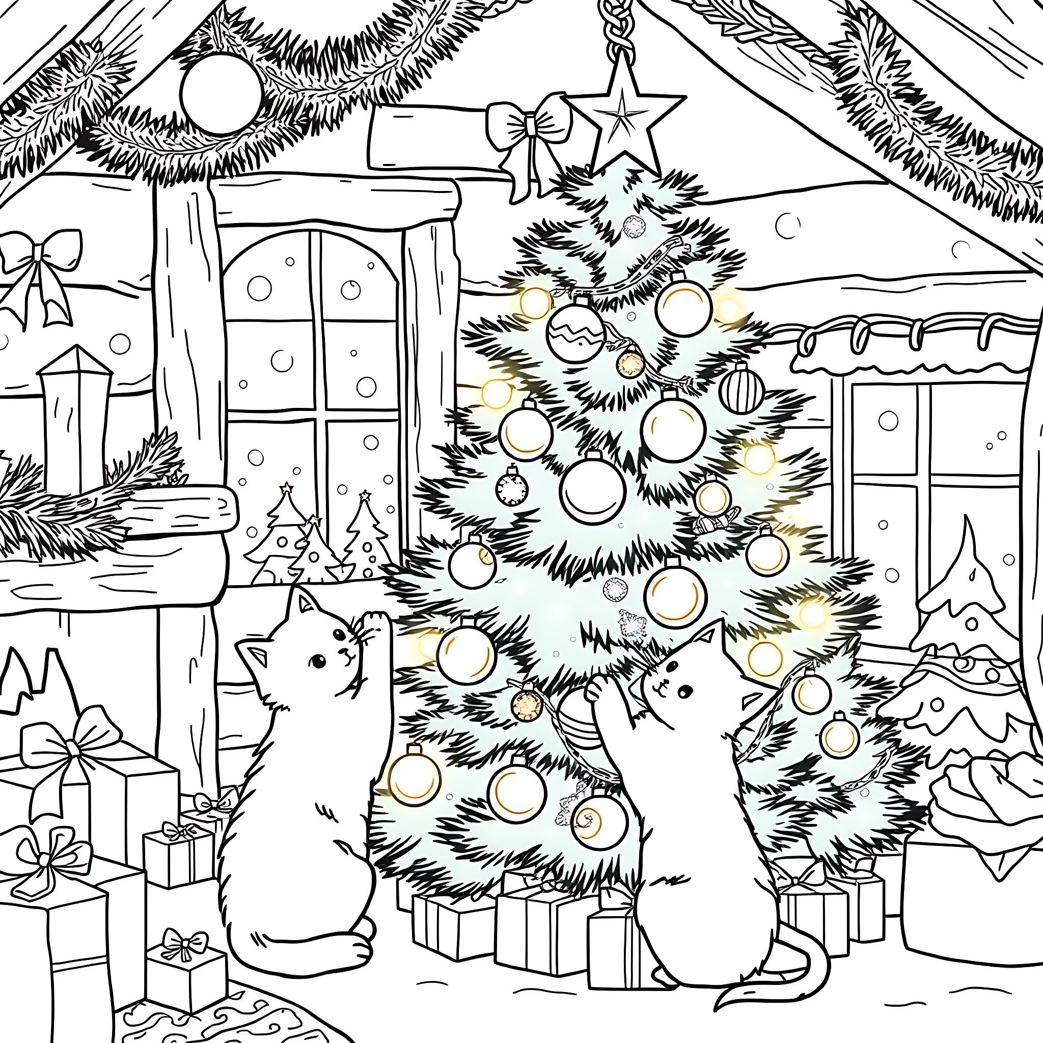 Cats enjoying the Christmas tree and decorations Coloring Page (free black-and-white line drawing printable PDF for all, from beginners to advanced learners, including children, teens, adults, and seniors)