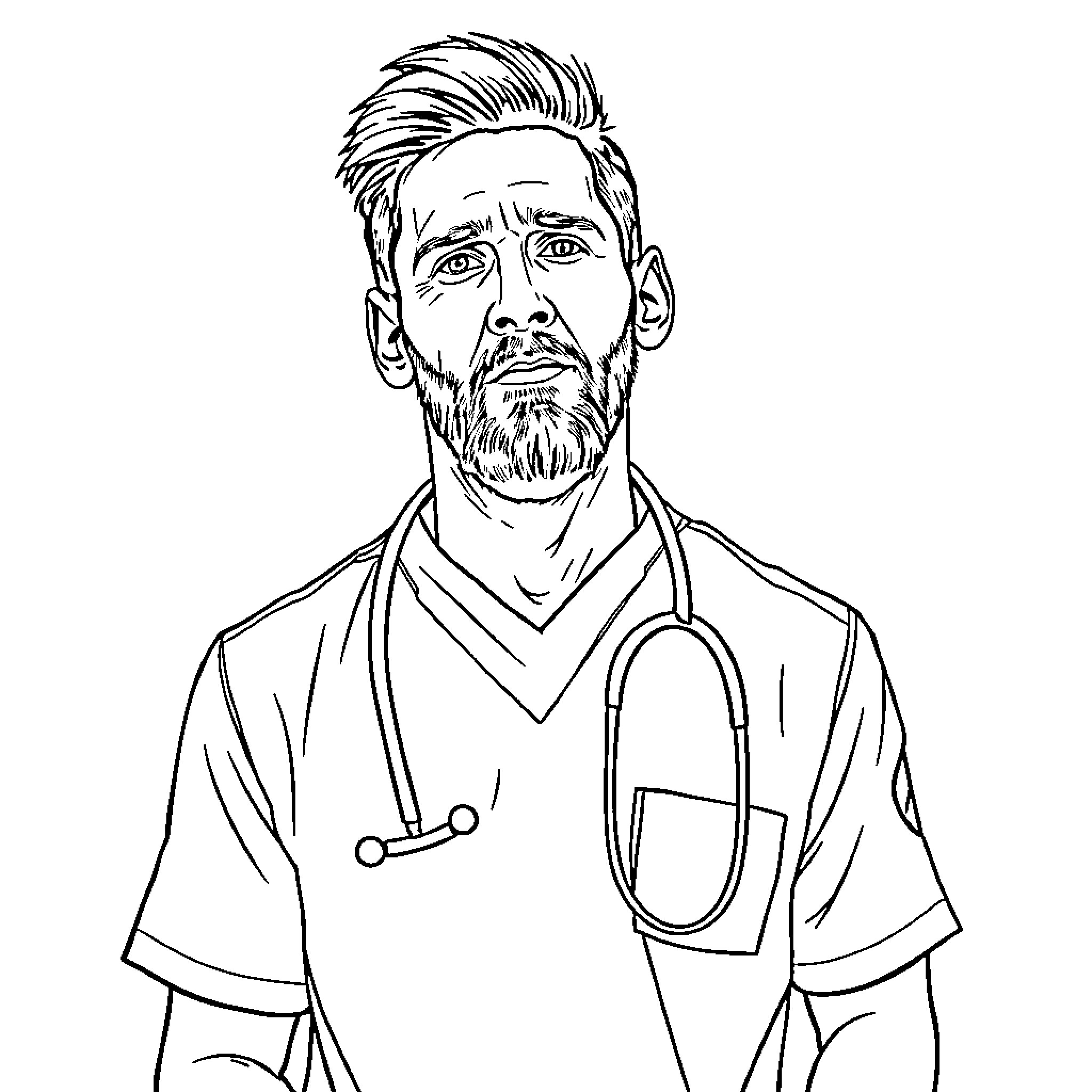 Messi as a Thoughtful Medical Professional Coloring Page (free black-and-white line drawing printable PDF for all, from beginners to advanced learners, including children, teens, adults, and seniors)