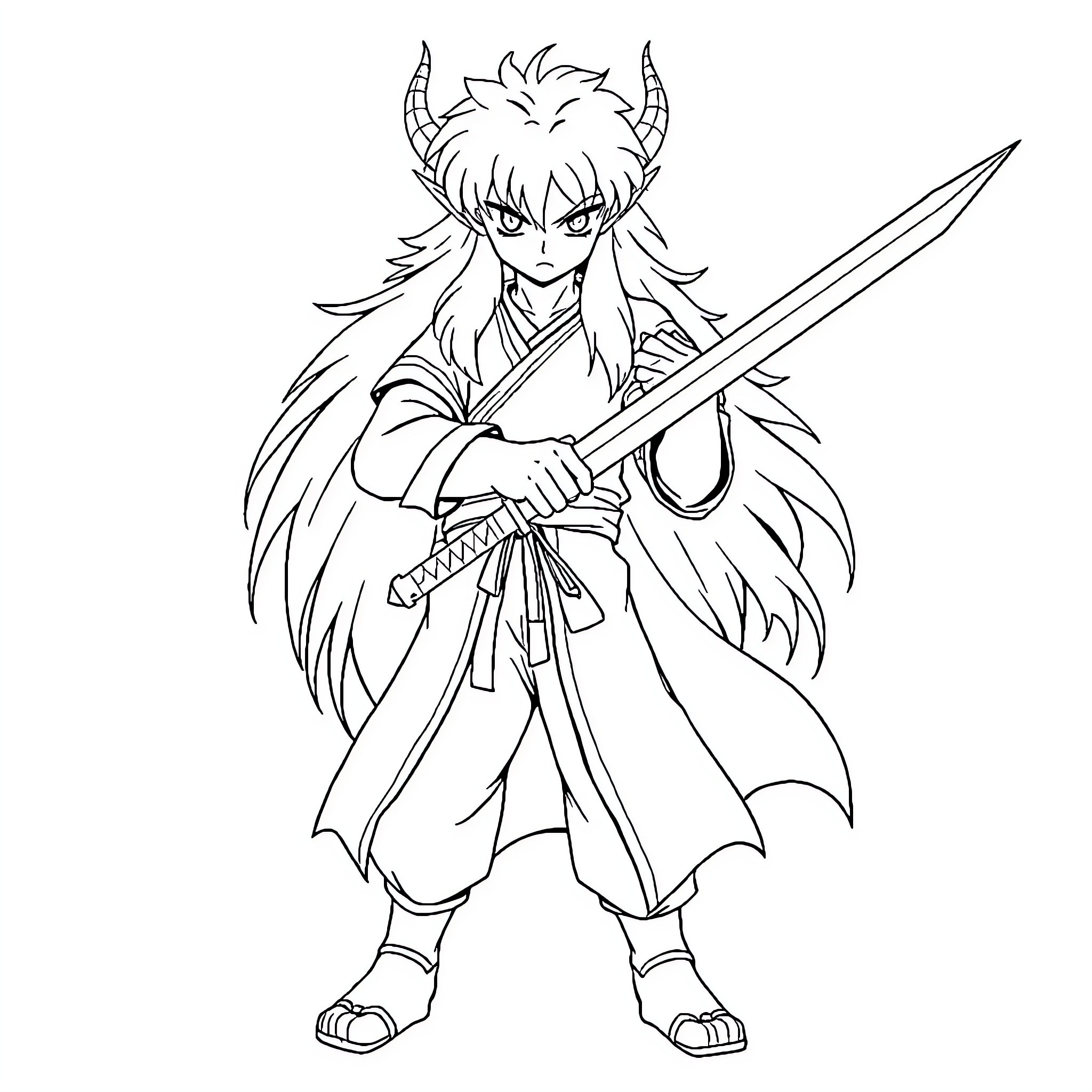 Inuyasha wielding a sword with determination Coloring Page (free black-and-white line drawing printable PDF for all, from beginners to advanced learners, including children, teens, adults, and seniors)