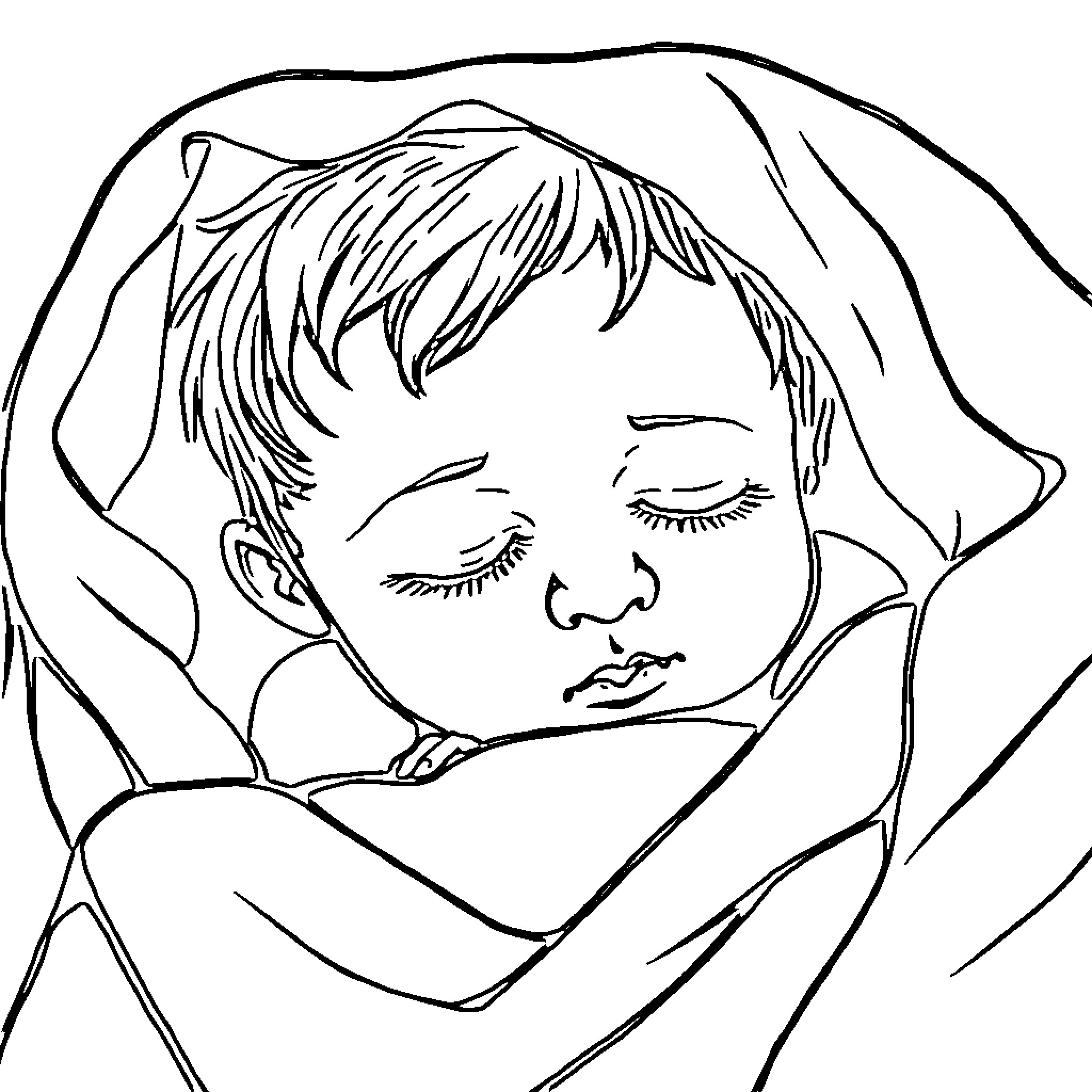 Child resting peacefully under a blanket Coloring Page (free black-and-white line drawing printable PDF for all, from beginners to advanced learners, including children, teens, adults, and seniors)