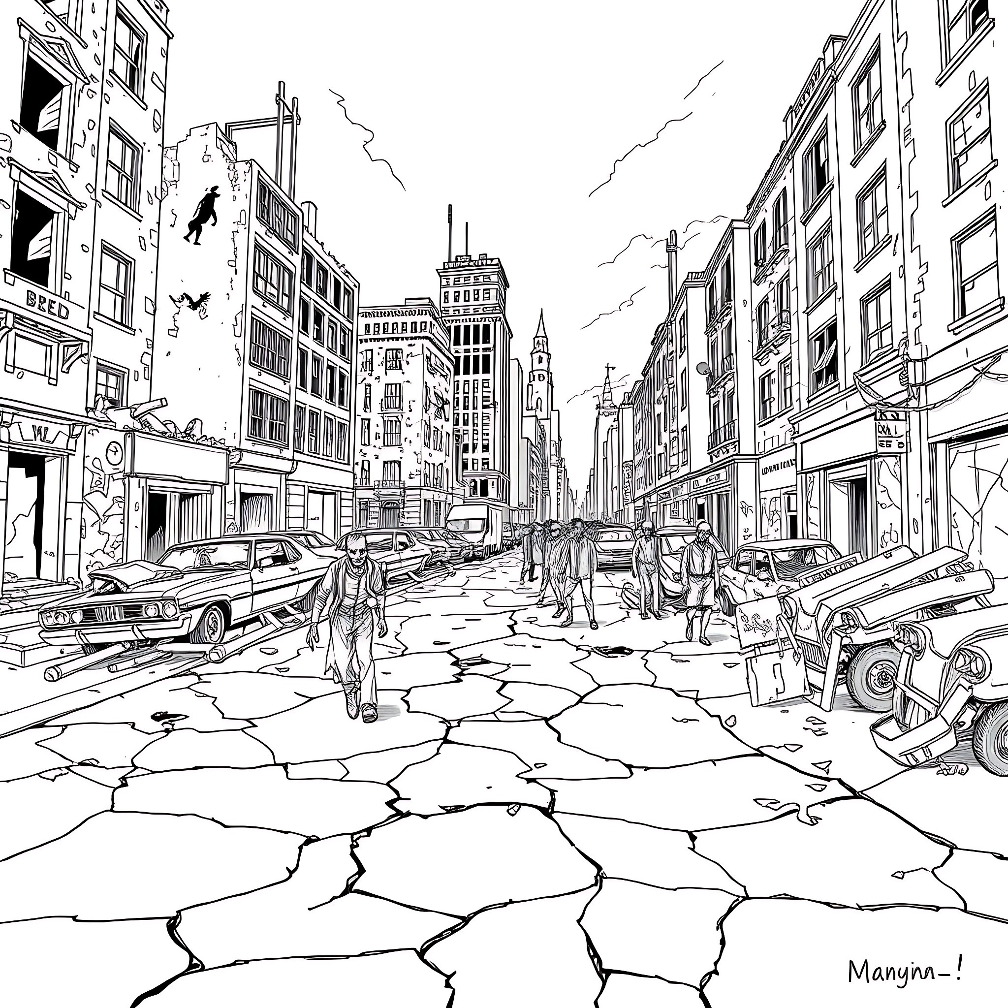 Zombie Chaos in the Cracked City Streets Coloring Page (free black-and-white line drawing printable PDF for all, from beginners to advanced learners, including children, teens, adults, and seniors)