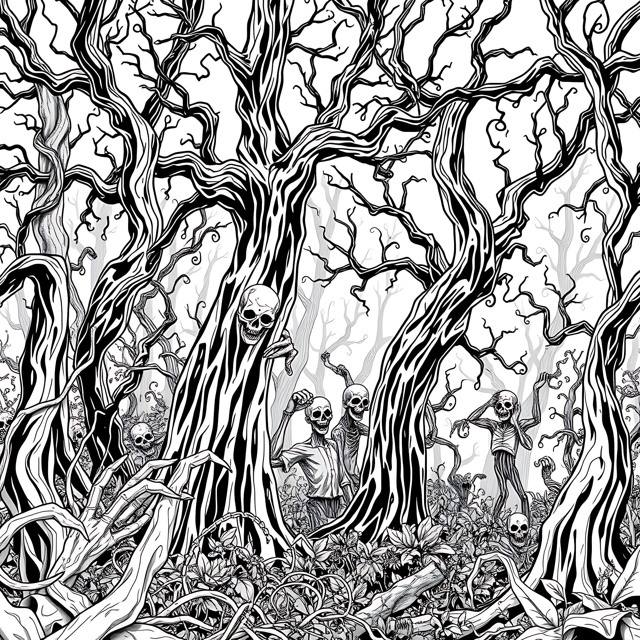 Zombie Horde Lurking in the Twisted Forest Coloring Page (free black-and-white line drawing printable PDF for all, from beginners to advanced learners, including children, teens, adults, and seniors)