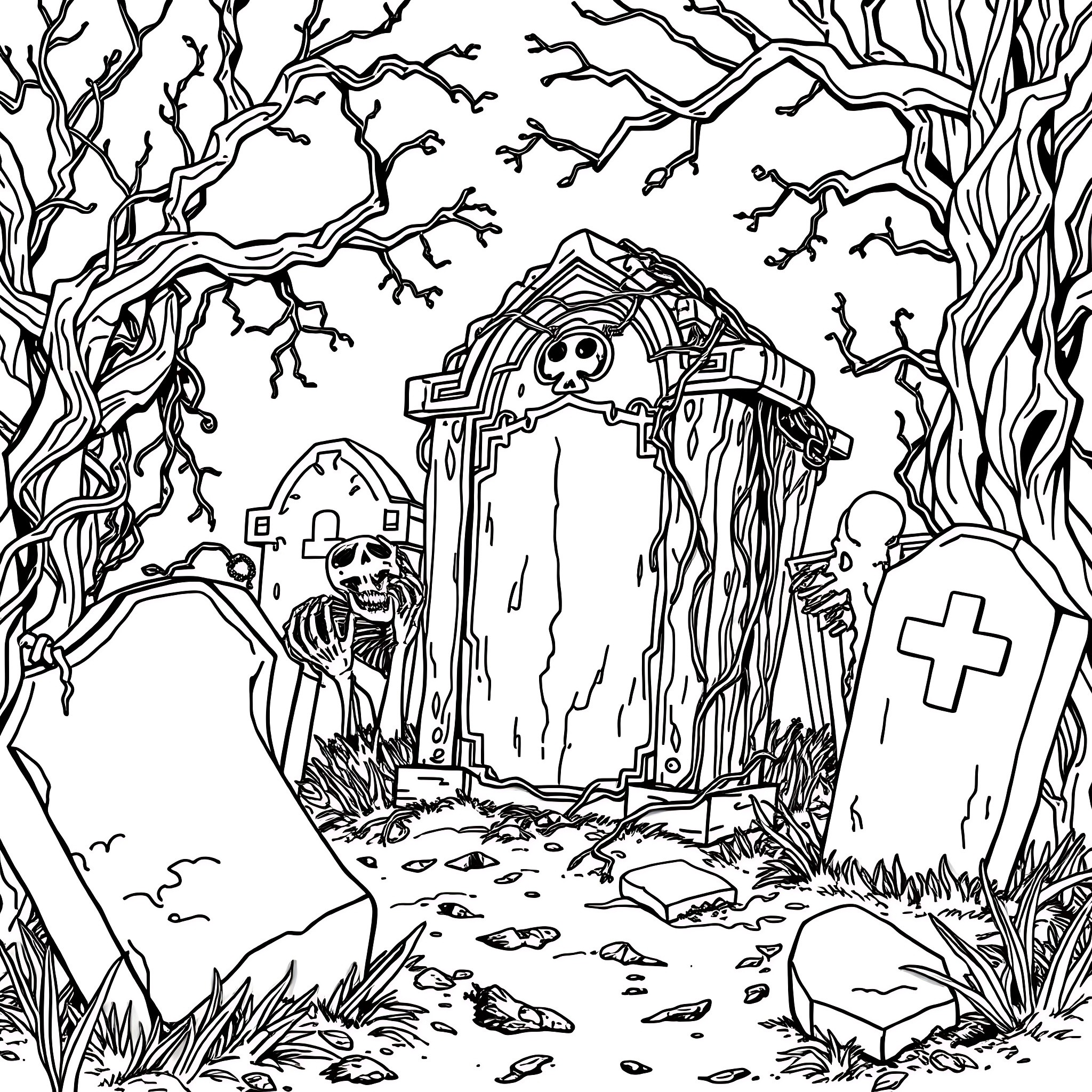 Graveyard with Creepy Skeletal Figures and Distorted Trees Coloring Page (free black-and-white line drawing printable PDF for all, from beginners to advanced learners, including children, teens, adults, and seniors)