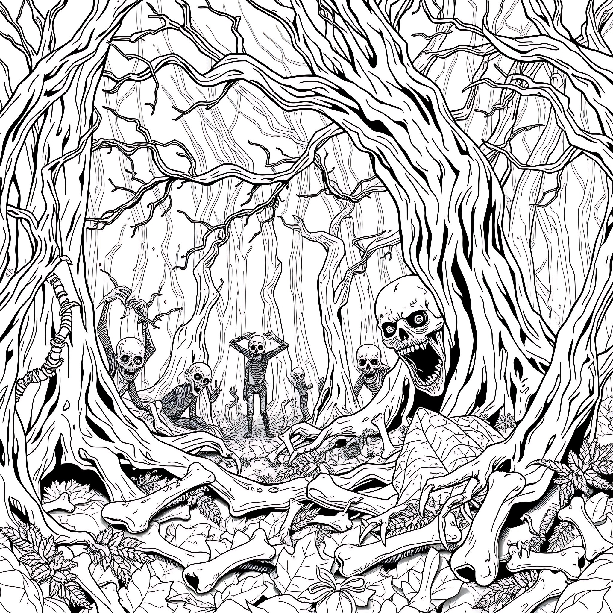 Zombie army emerging from the twisted, eerie forest Coloring Page (free black-and-white line drawing printable PDF for all, from beginners to advanced learners, including children, teens, adults, and seniors)