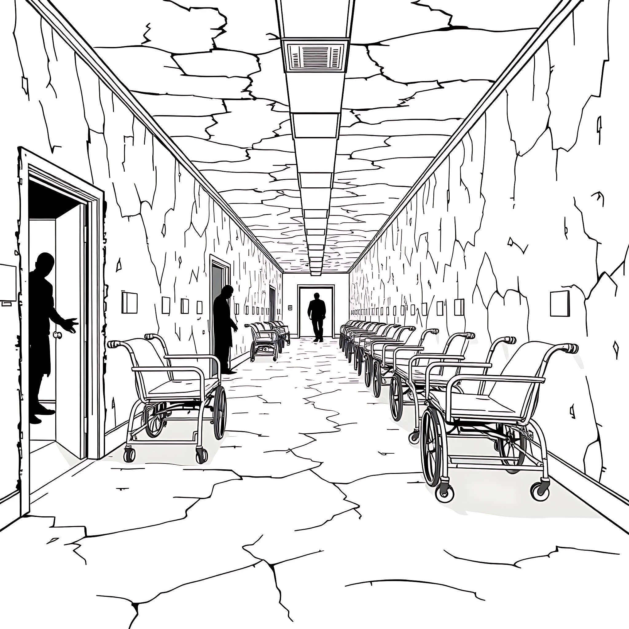 Hospital hallway in disrepair and distress Coloring Page (free black-and-white line drawing printable PDF for all, from beginners to advanced learners, including children, teens, adults, and seniors)