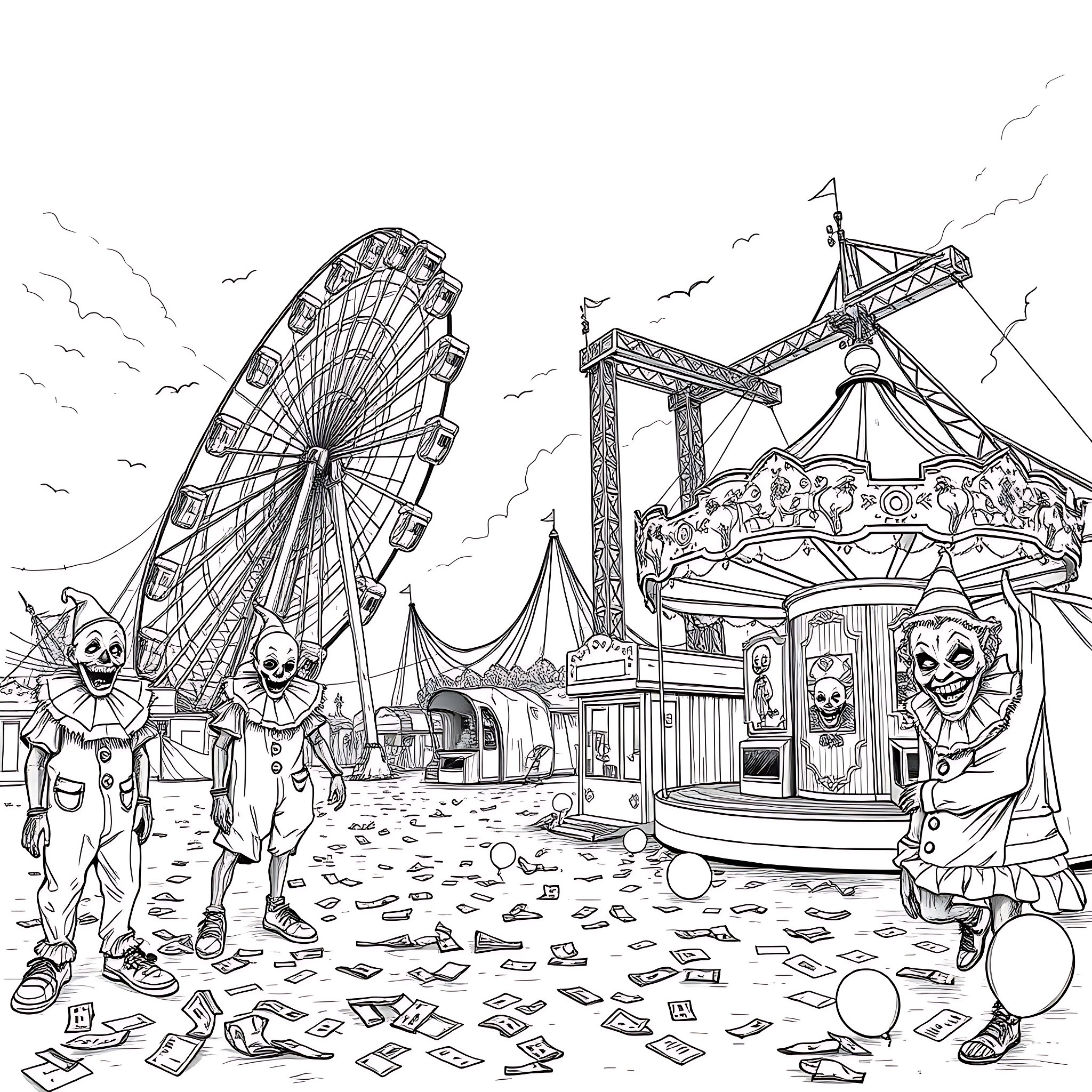 Carnival of Joyful Chaos and Festivities Coloring Page (free black-and-white line drawing printable PDF for all, from beginners to advanced learners, including children, teens, adults, and seniors)