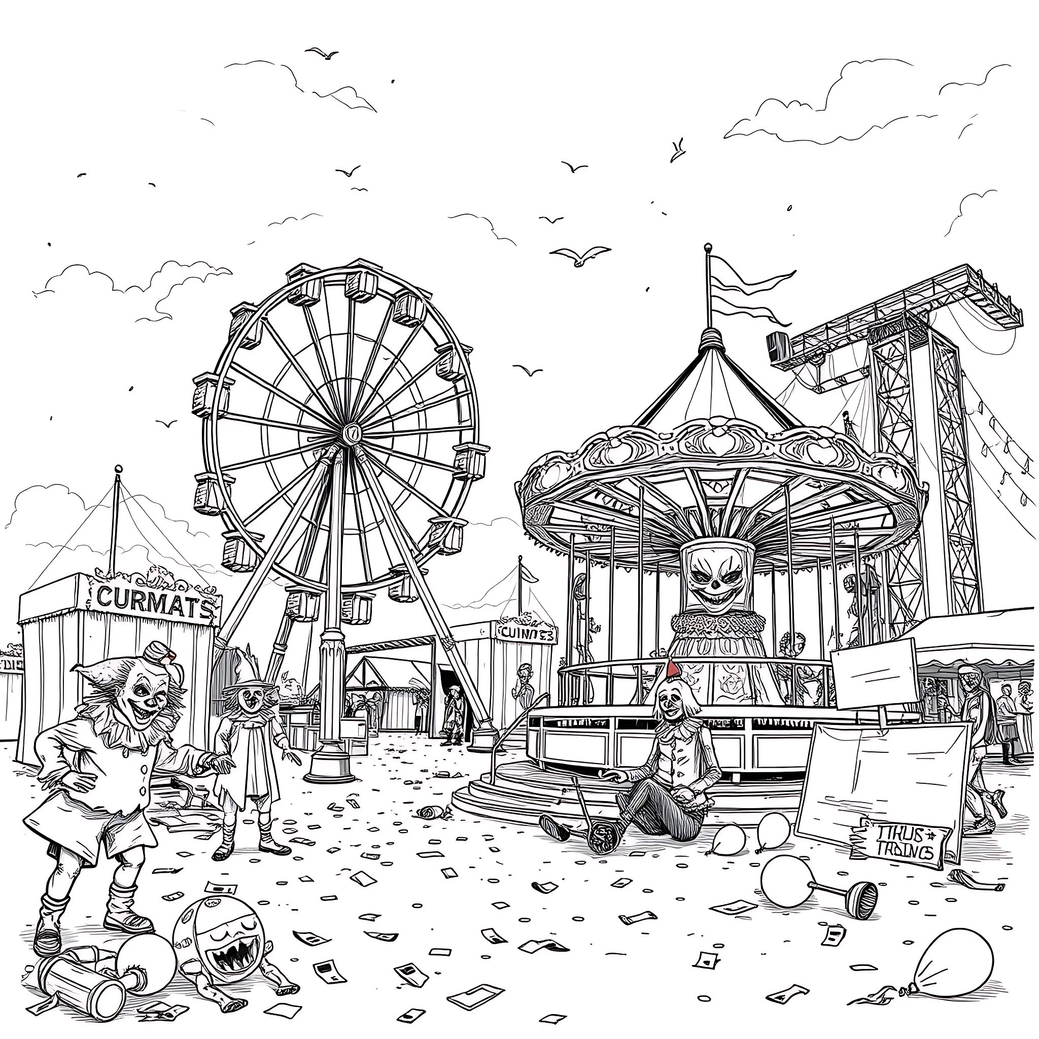 Carnival of excitement and amusement Coloring Page (free black-and-white line drawing printable PDF for all, from beginners to advanced learners, including children, teens, adults, and seniors)
