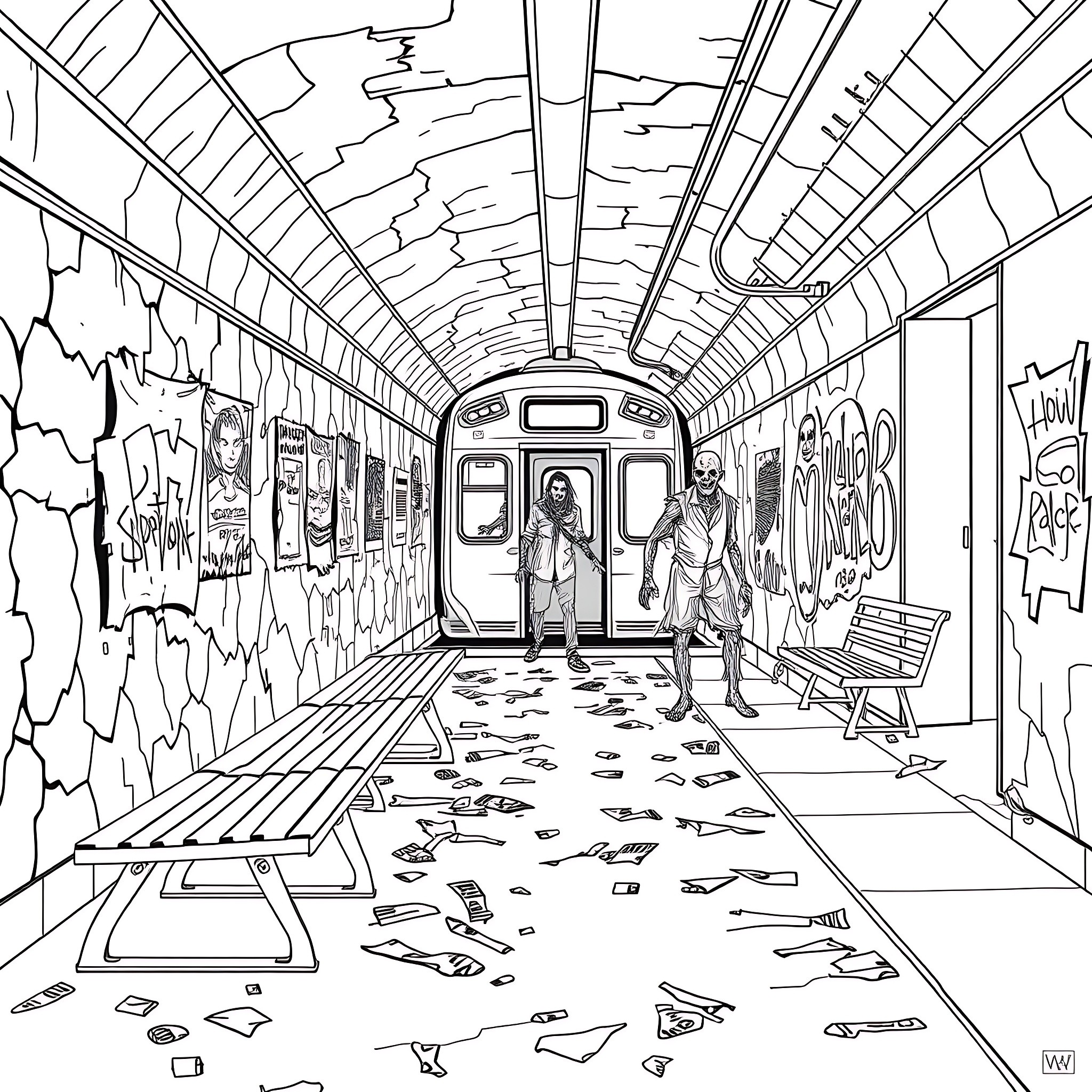 Zombie apocalypse in the abandoned subway Coloring Page (free black-and-white line drawing printable PDF for all, from beginners to advanced learners, including children, teens, adults, and seniors)