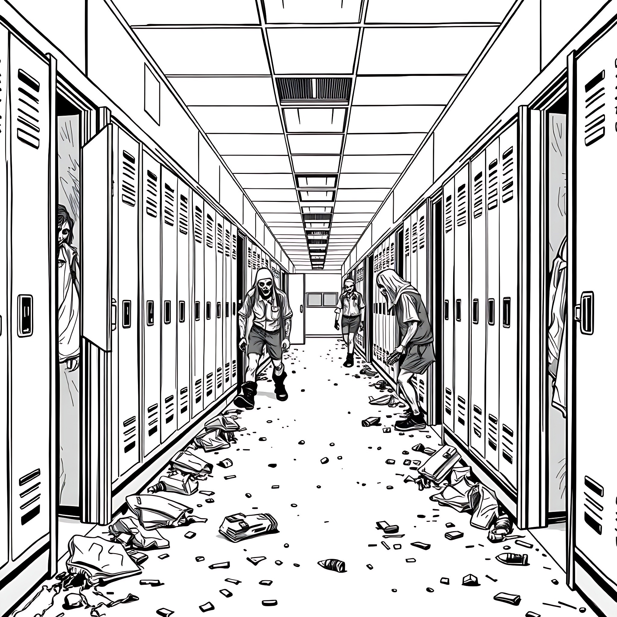 Zombie Chaos in the School Hallway Coloring Page (free black-and-white line drawing printable PDF for all, from beginners to advanced learners, including children, teens, adults, and seniors)
