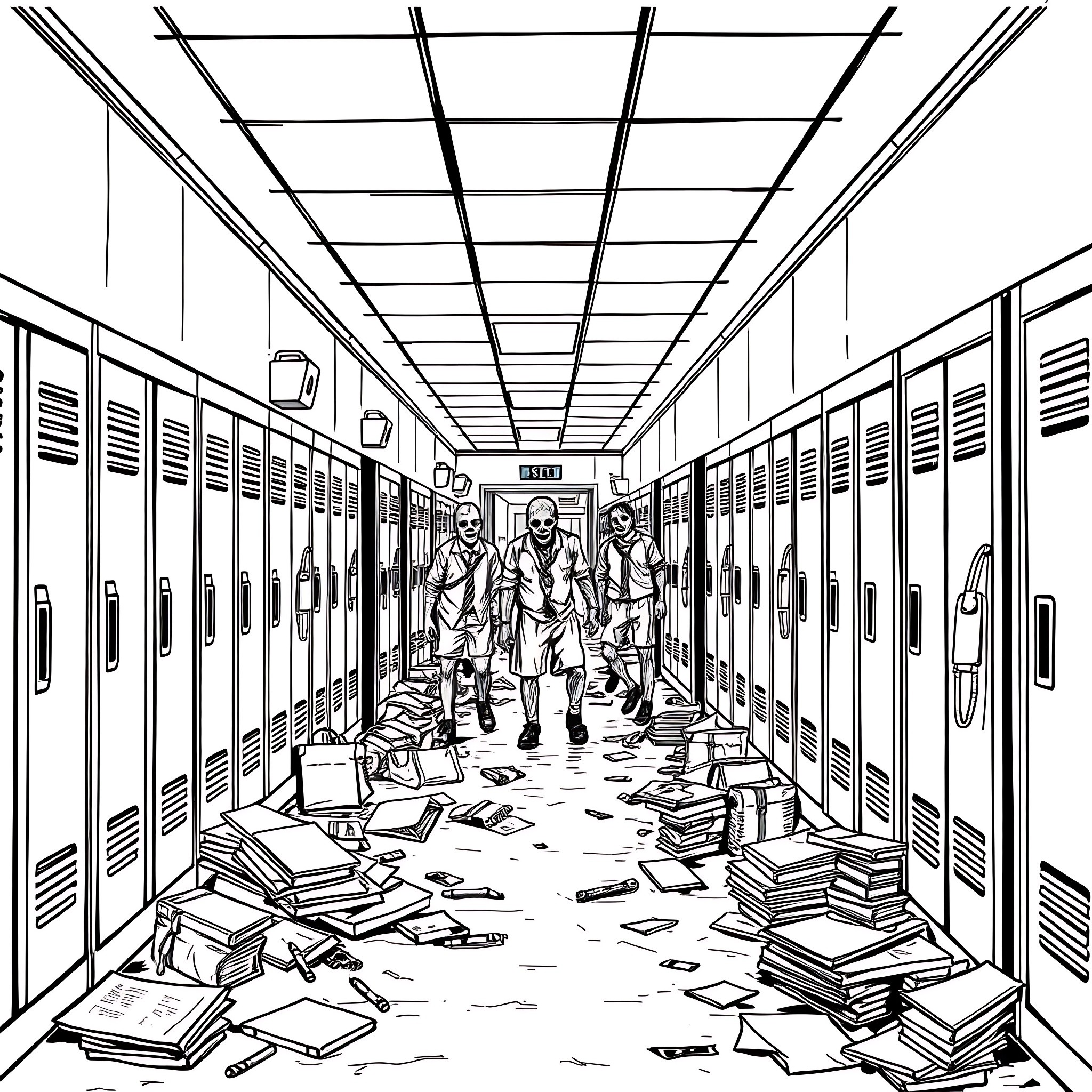 Zombie Invasion in the School Hallway Coloring Page (free black-and-white line drawing printable PDF for all, from beginners to advanced learners, including children, teens, adults, and seniors)