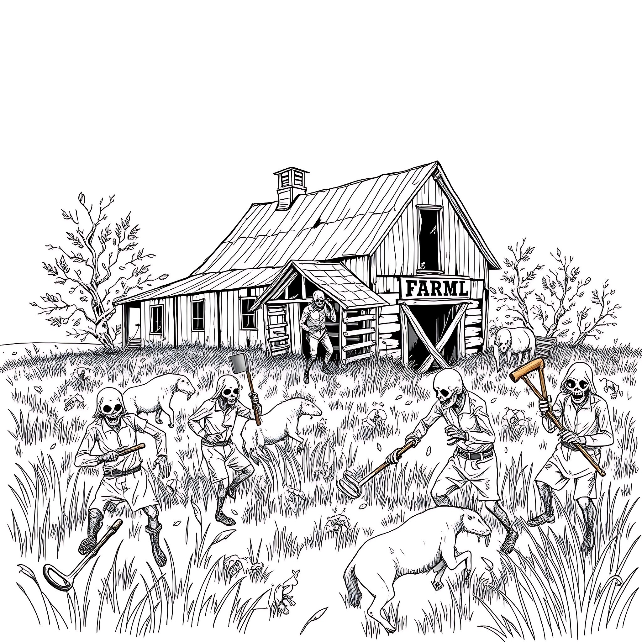 Farm workers harvesting crops near a rustic barn Coloring Page (free black-and-white line drawing printable PDF for all, from beginners to advanced learners, including children, teens, adults, and seniors)