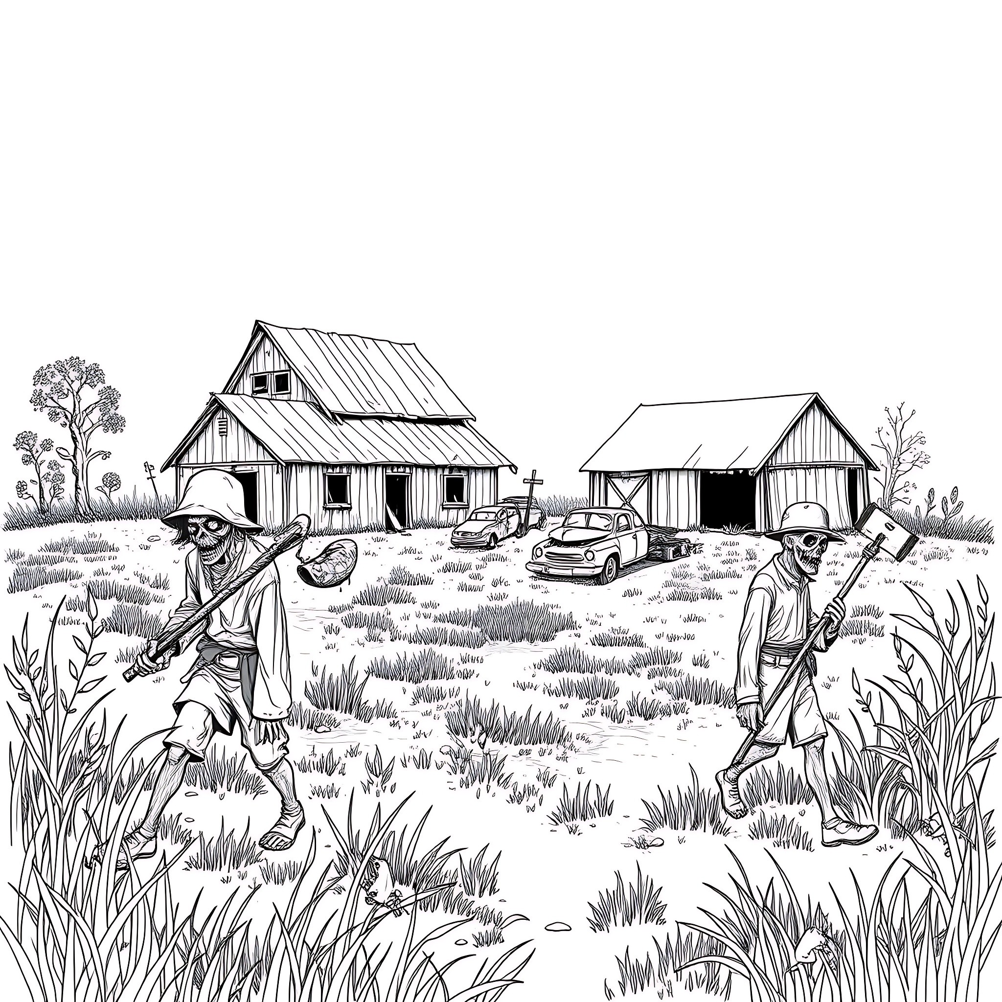 Zombie farmers working in an abandoned countryside Coloring Page (free black-and-white line drawing printable PDF for all, from beginners to advanced learners, including children, teens, adults, and seniors)